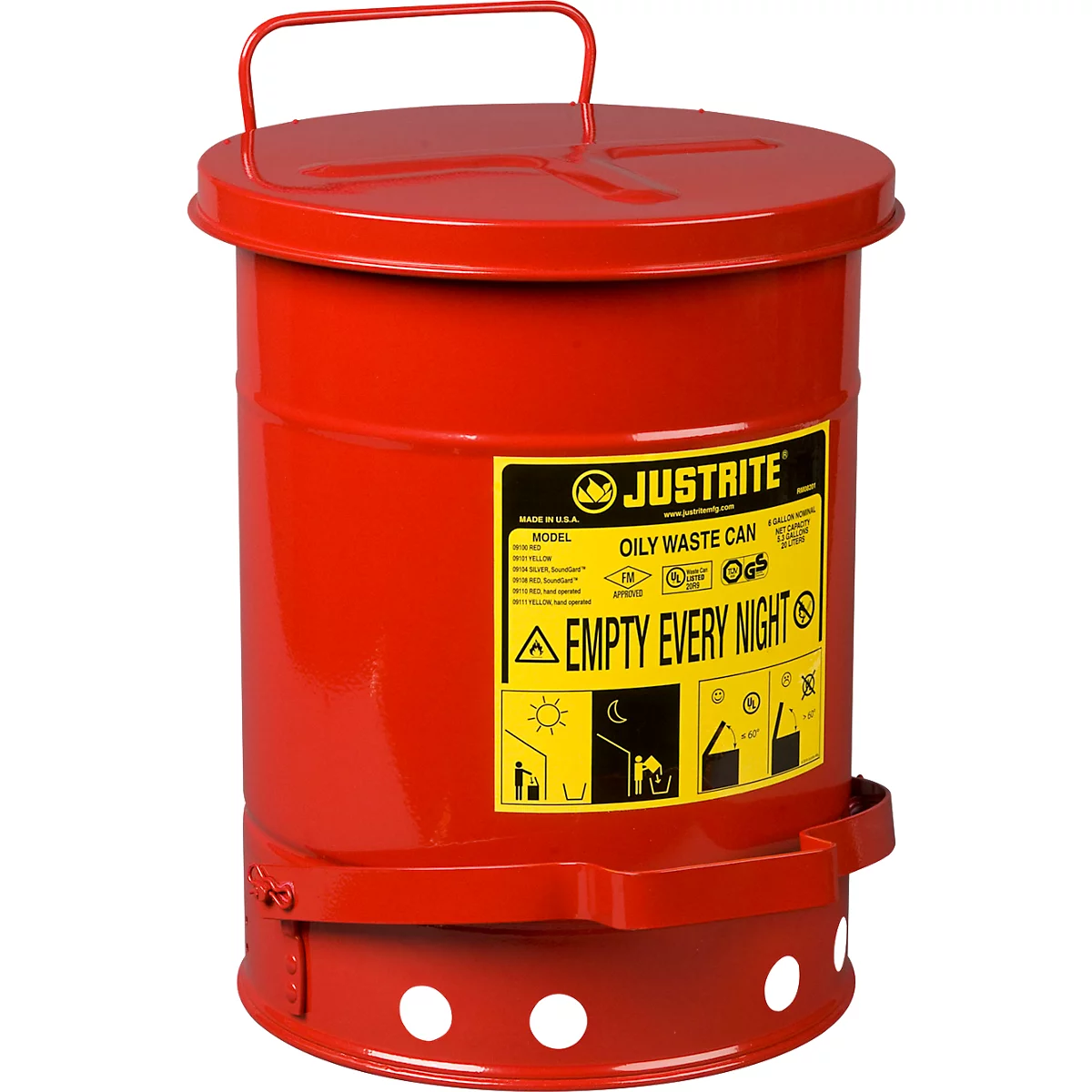 Red oily waste can with lid and handle. Text reads: "JUSTIRTE" and "EMPTY EVERY NIGHT."