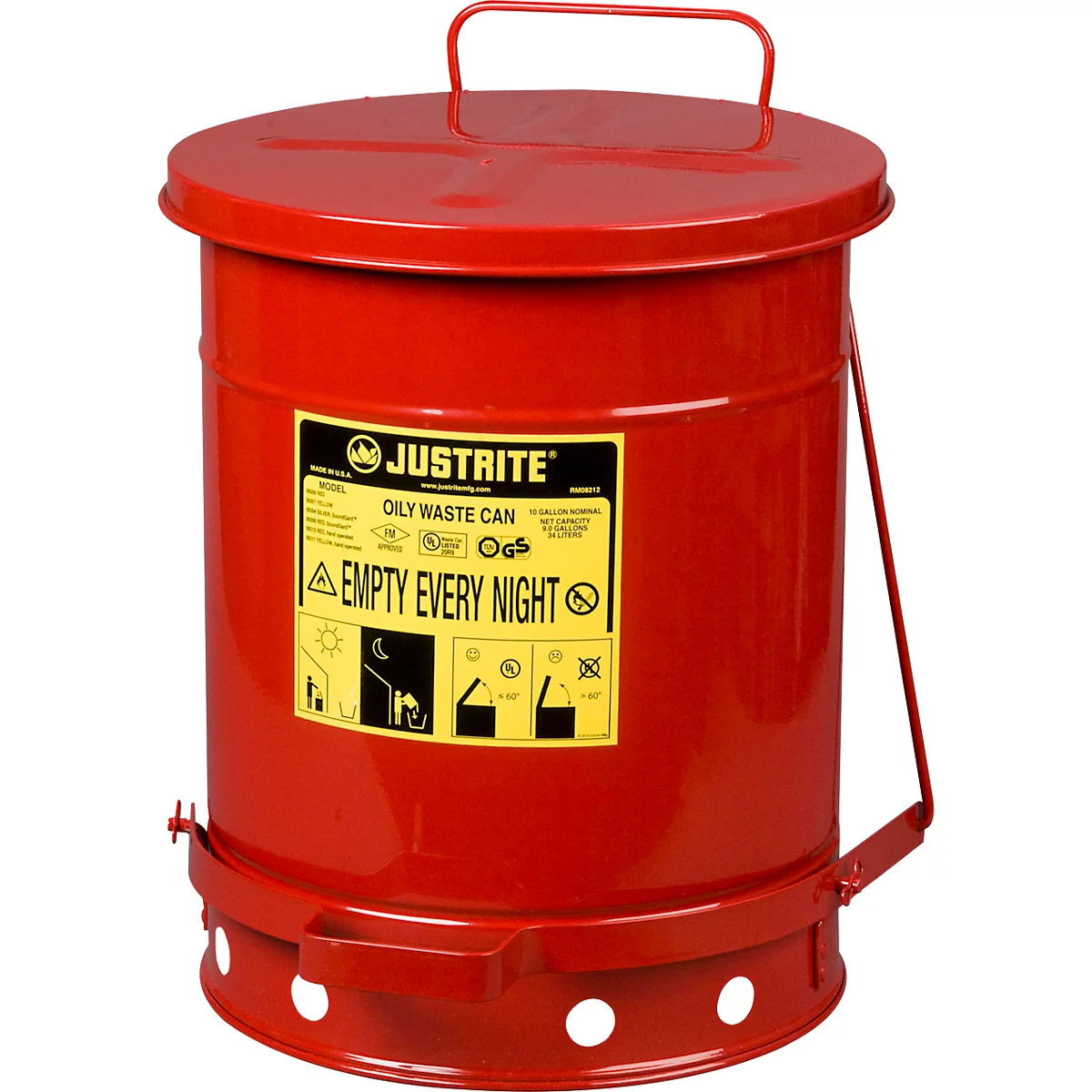 Red, round container with lid and handle, yellow label with "EMPTY EVERY NIGHT" inscription. Holes at the bottom.