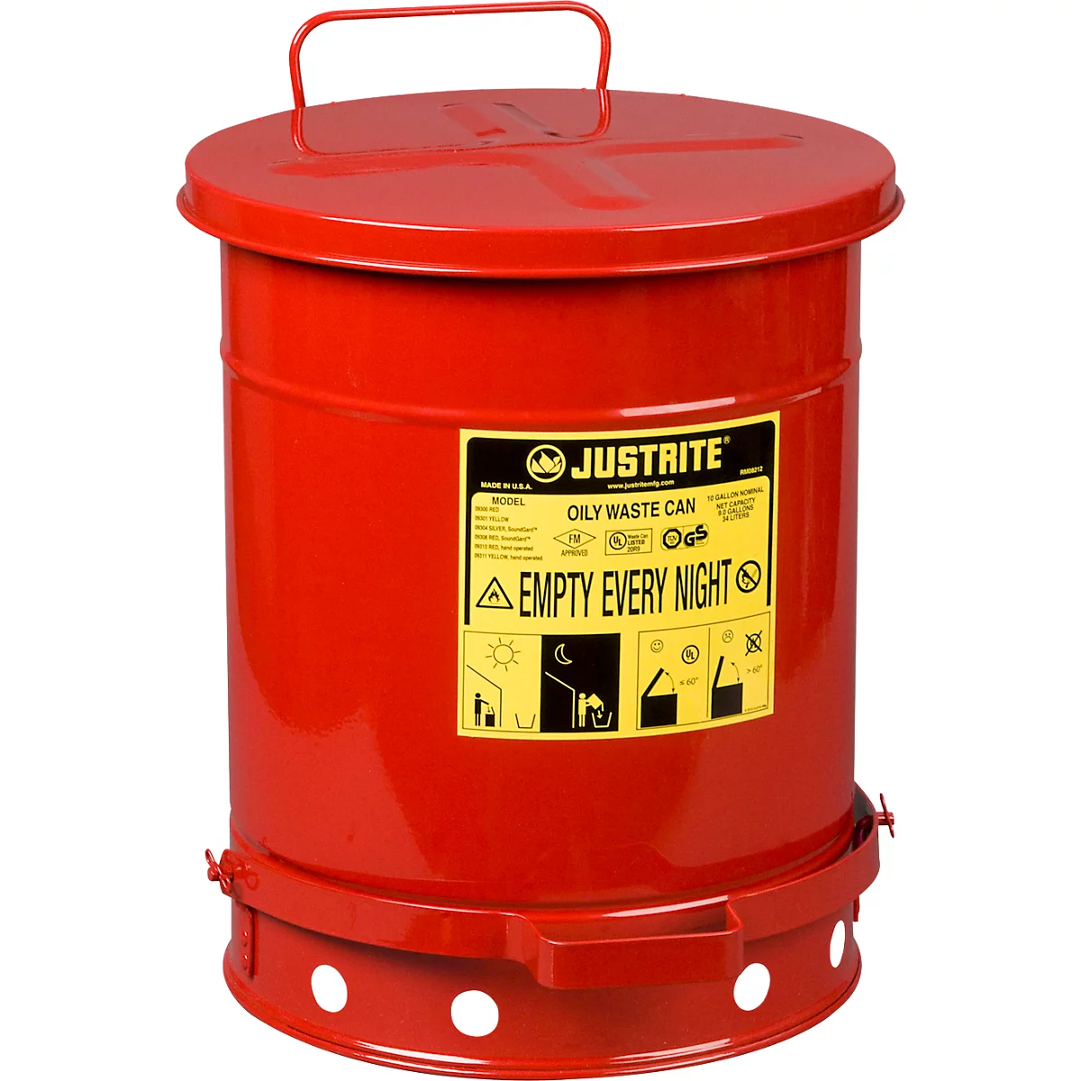 Red oil drum waste can with yellow label. Marked "JUSTRITE" and "EMPTY EVERY NIGHT".