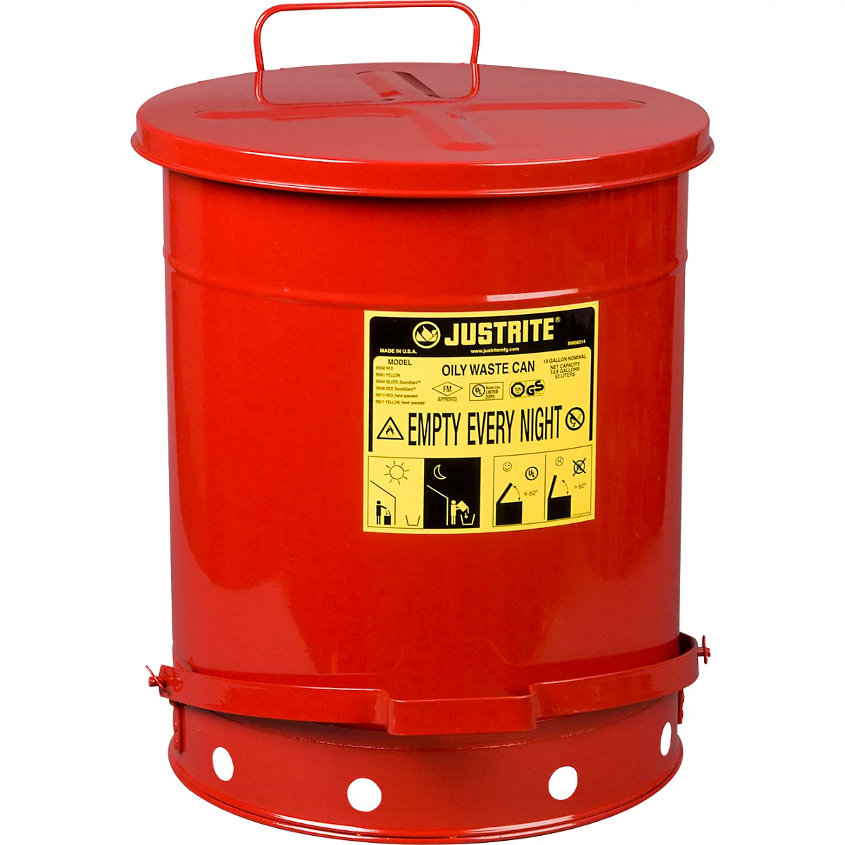Red oily waste can with lid and handle, yellow warning sign: "EMPTY EVERY NIGHT".