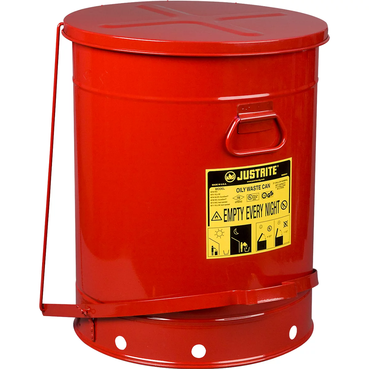 Red, round waste container with lid. Sticker: "JUSTRITE", "EMPTY EVERY NIGHT".