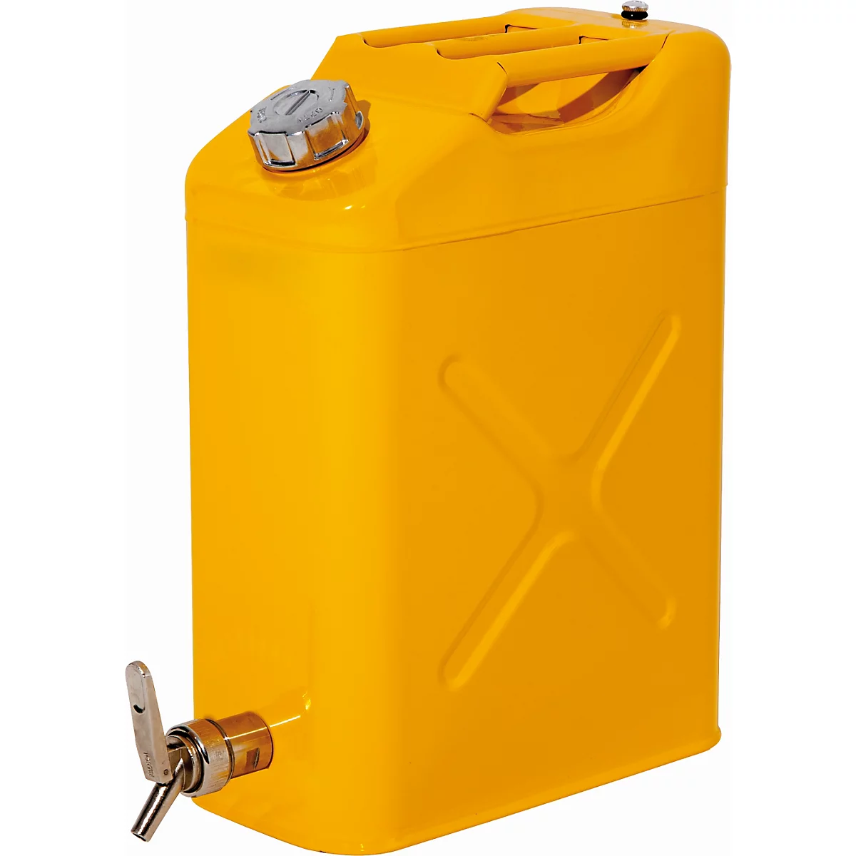 Yellow canister with tap and handle. There is a screw cap on the lid.