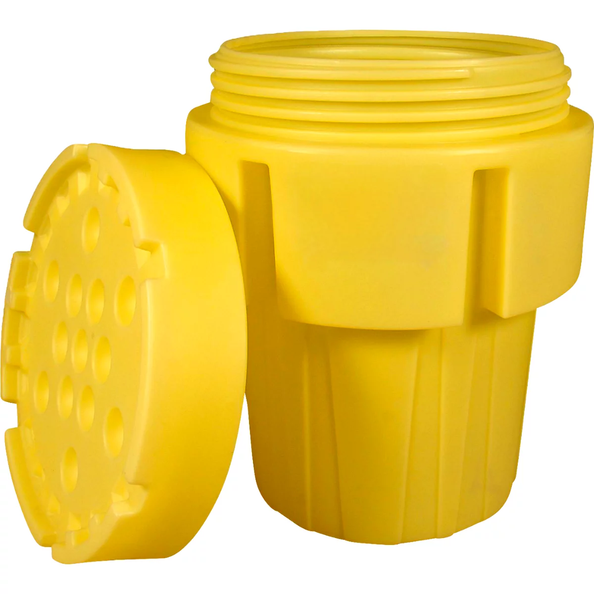 Yellow container with a lid, which is provided with holes.