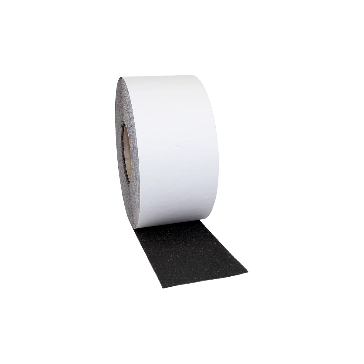 A roll of white adhesive tape with a black, rough surface. A piece of tape is unrolled.