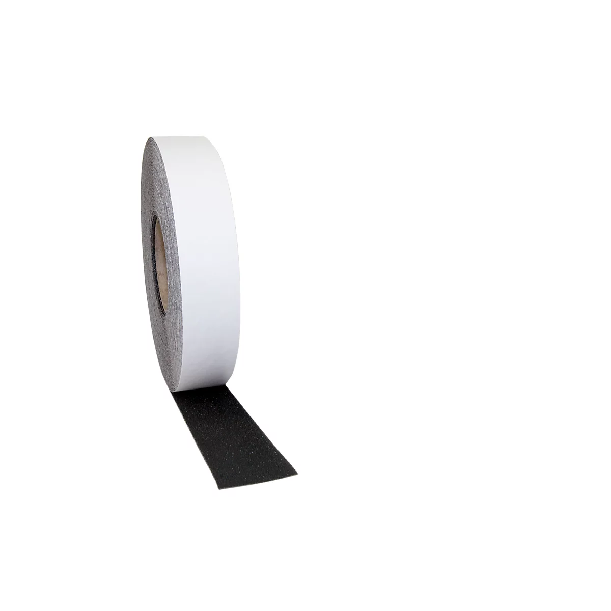 A roll of double-sided tape, partially unrolled, with a black adhesive surface, on a white background.