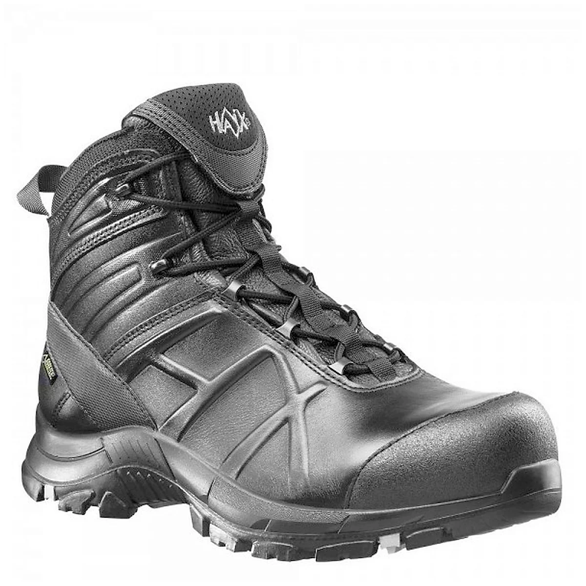 Black Haix boot with laces and a robust tread. The boot is sturdy and looks high quality.