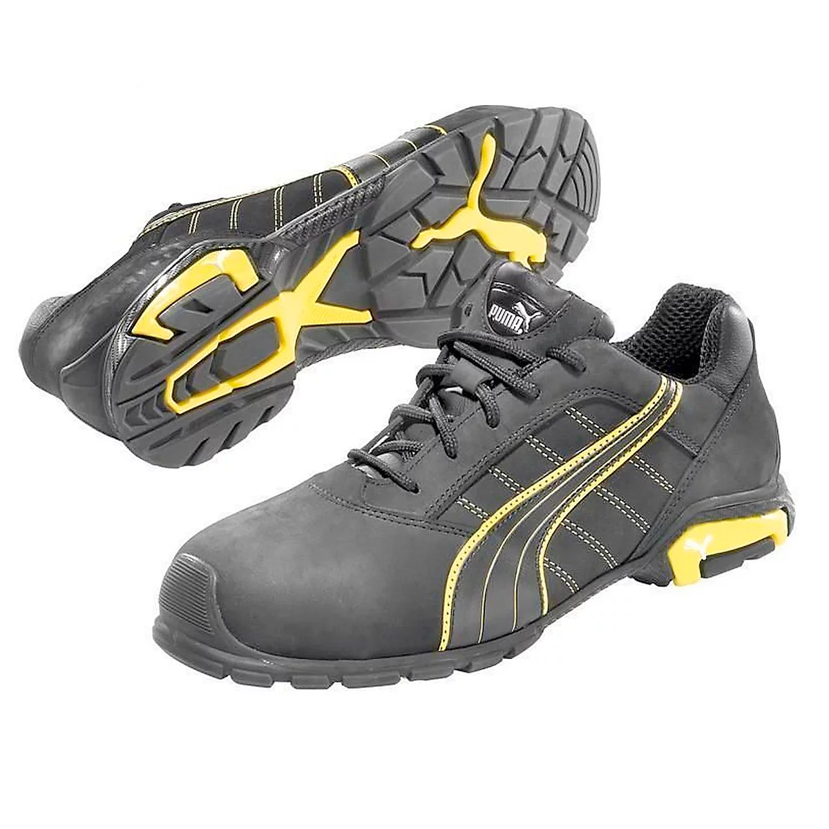 Black safety shoes with yellow accents. The sole shows the profile and the Puma logo. Yellow Puma stripes adorn the sides.
