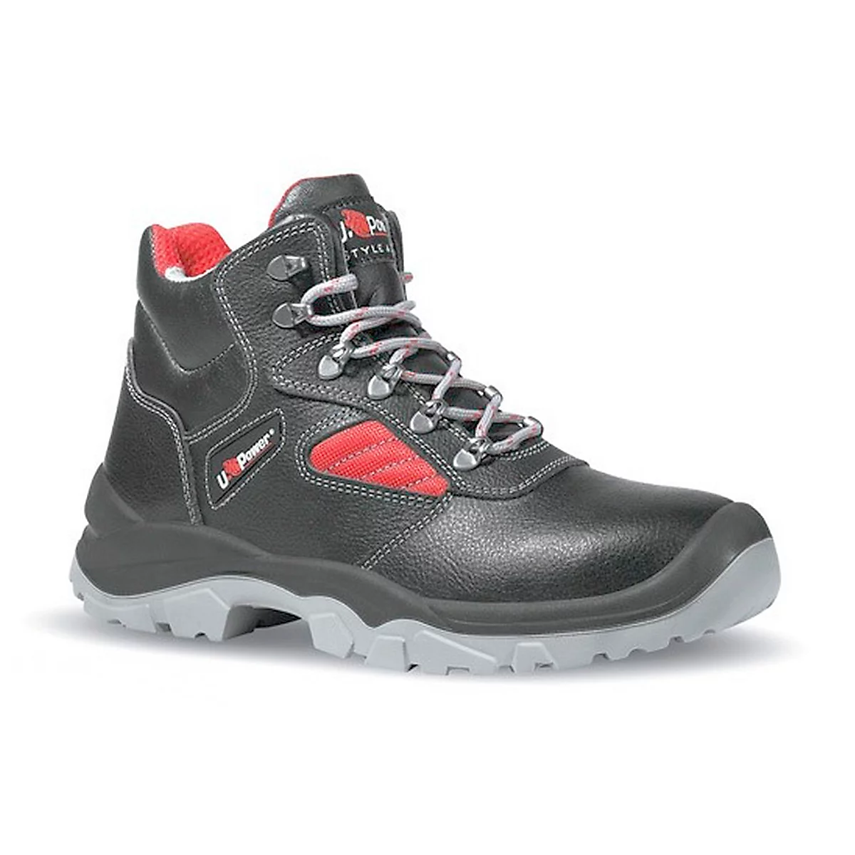 Black safety boot with red and gray accent colors. Laces. Brand: U Power.