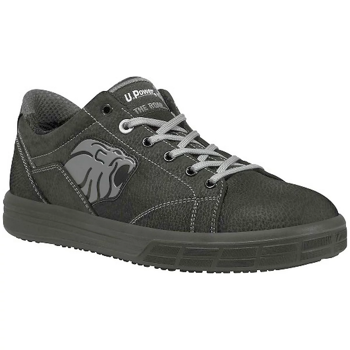 Dark grey safety shoe with laces, logo and the inscription: U.Power The Road.