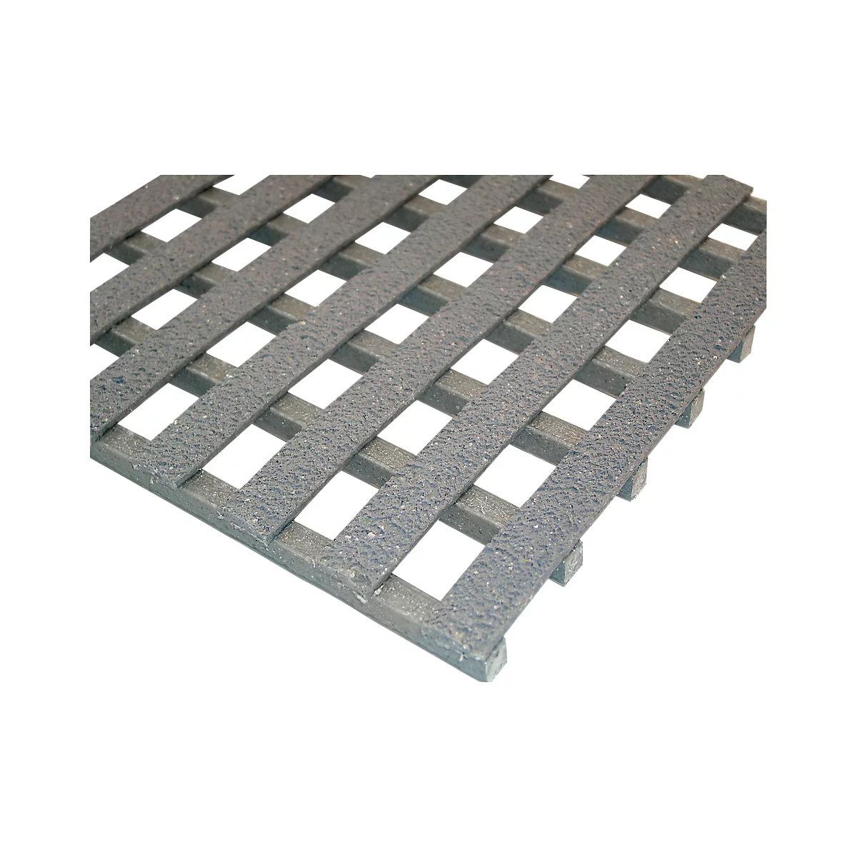 Grey plastic mat with a grid pattern. The mat has a rough surface and is photographed diagonally from above.