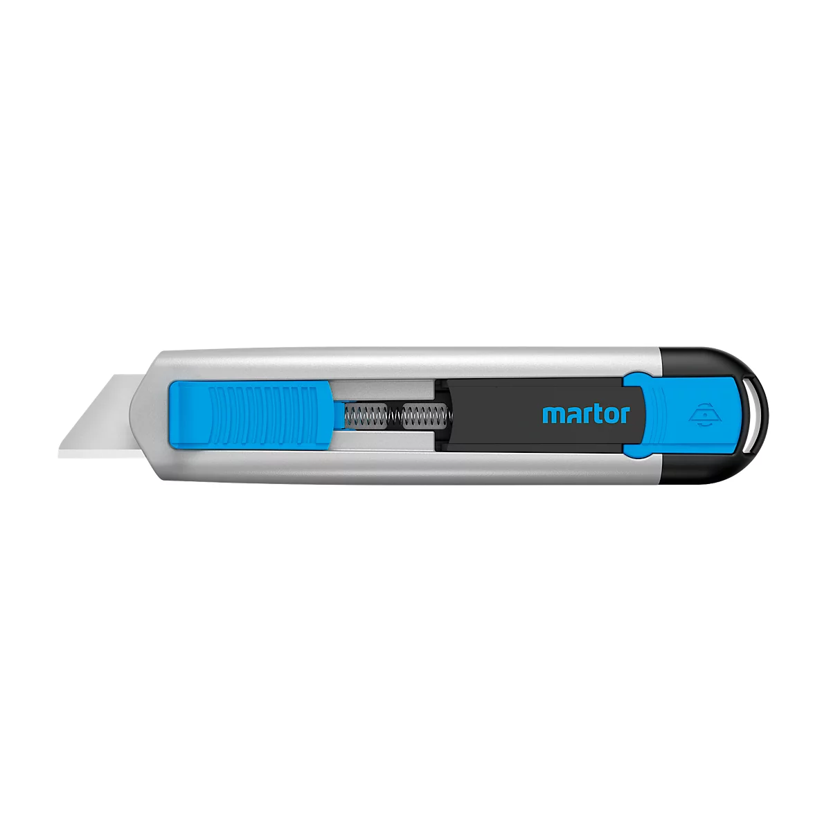 A silver utility knife with blue and black accents. The "martor" logo is clearly visible.
