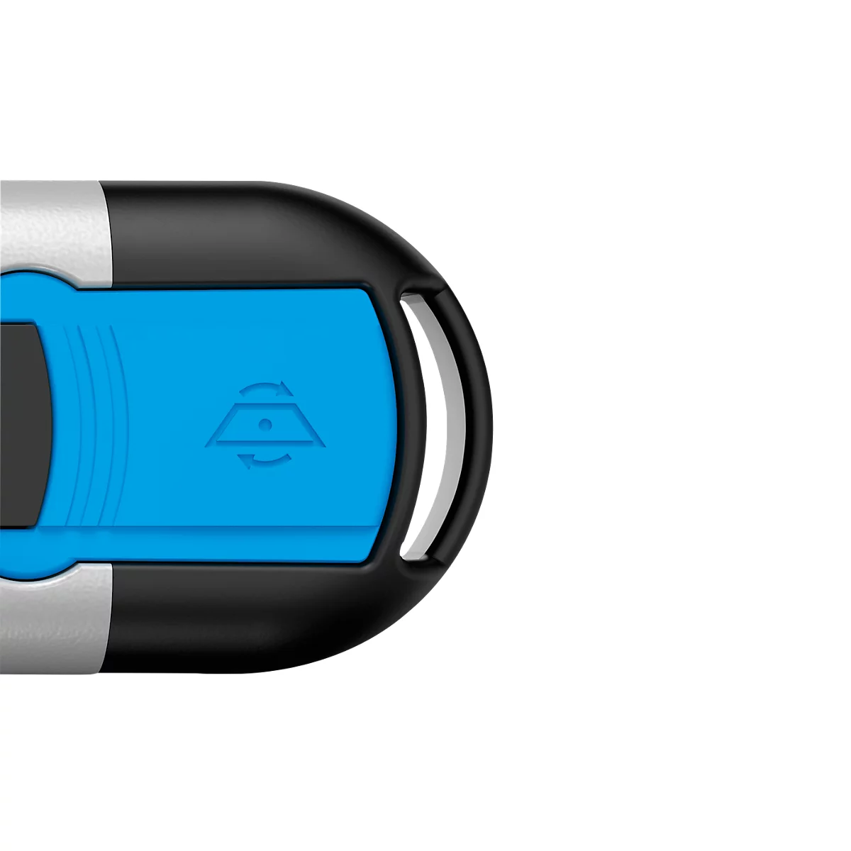 Blue and black device with white detail. Symbol with arrows on blue field.