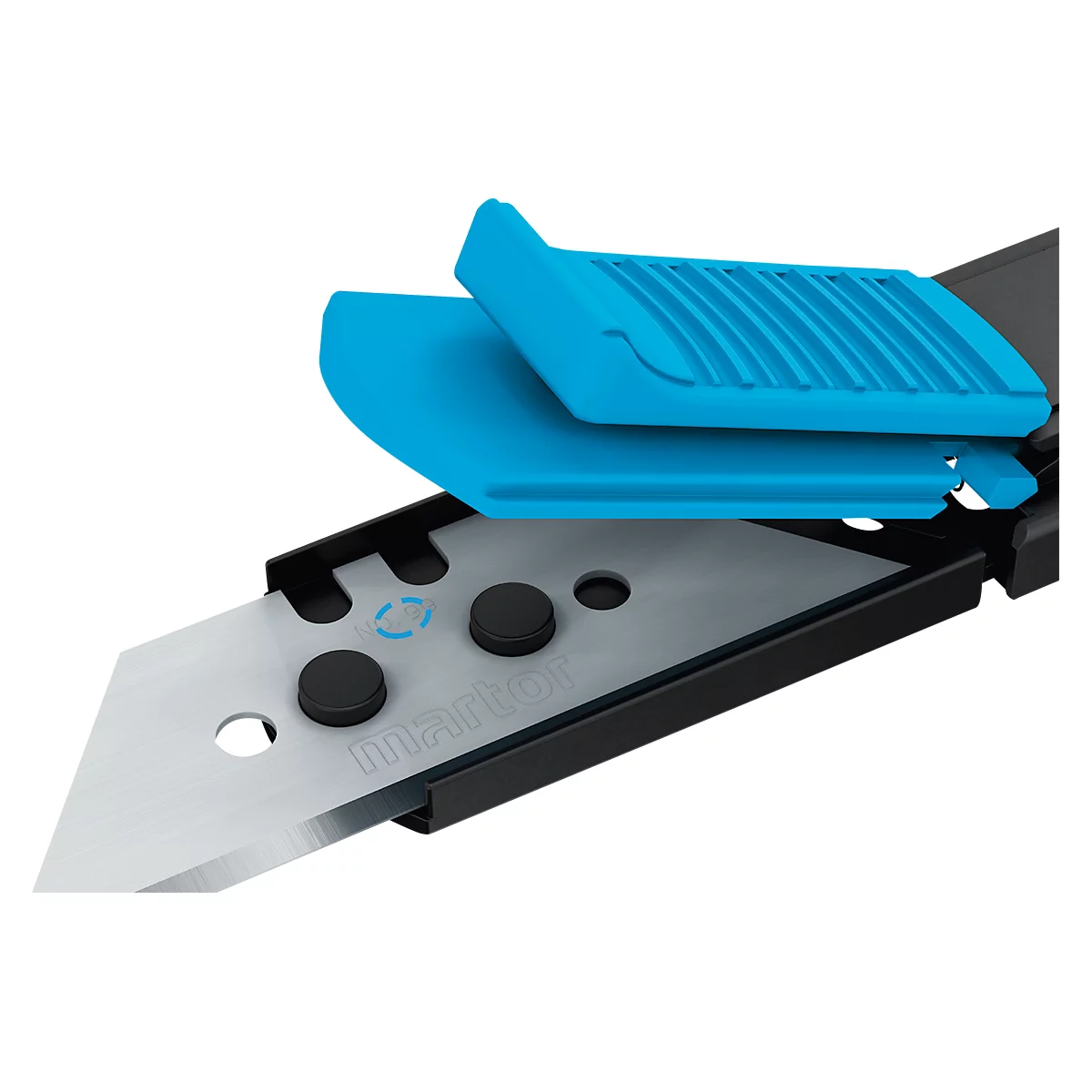 Close-up of a utility knife. The blade is silver, the blue housing is open.