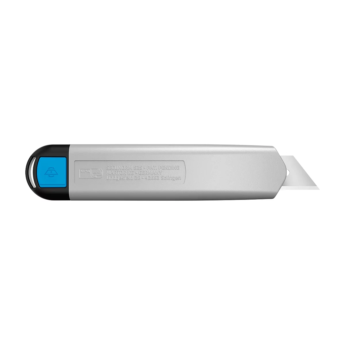 Gray cutter with black end and blue button. A white cutter blade protrudes. Text.