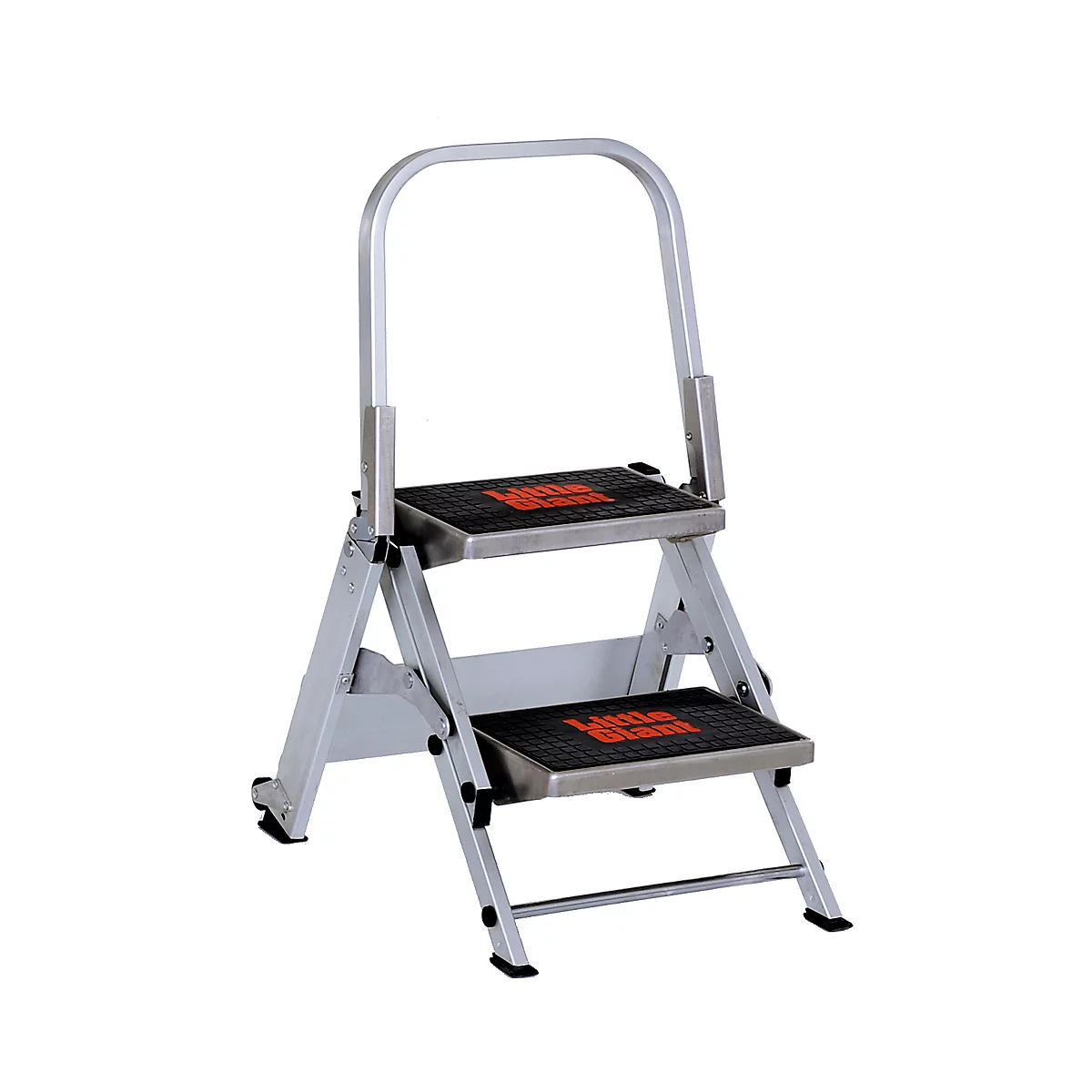 Folding metal step ladder with two steps and a handle. "Little Giant" is on the steps.