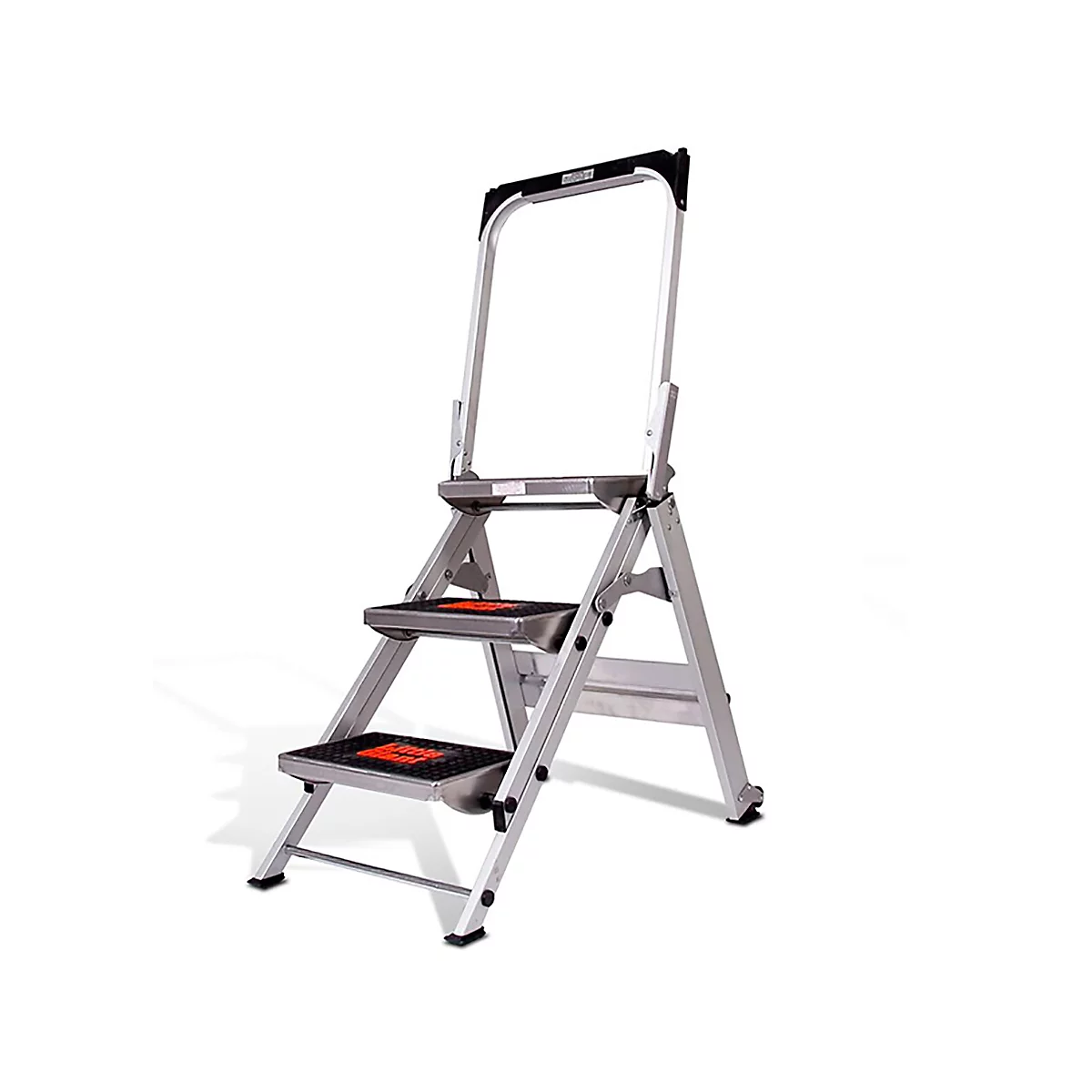 A silver step ladder with three steps and a black handle on a white background.