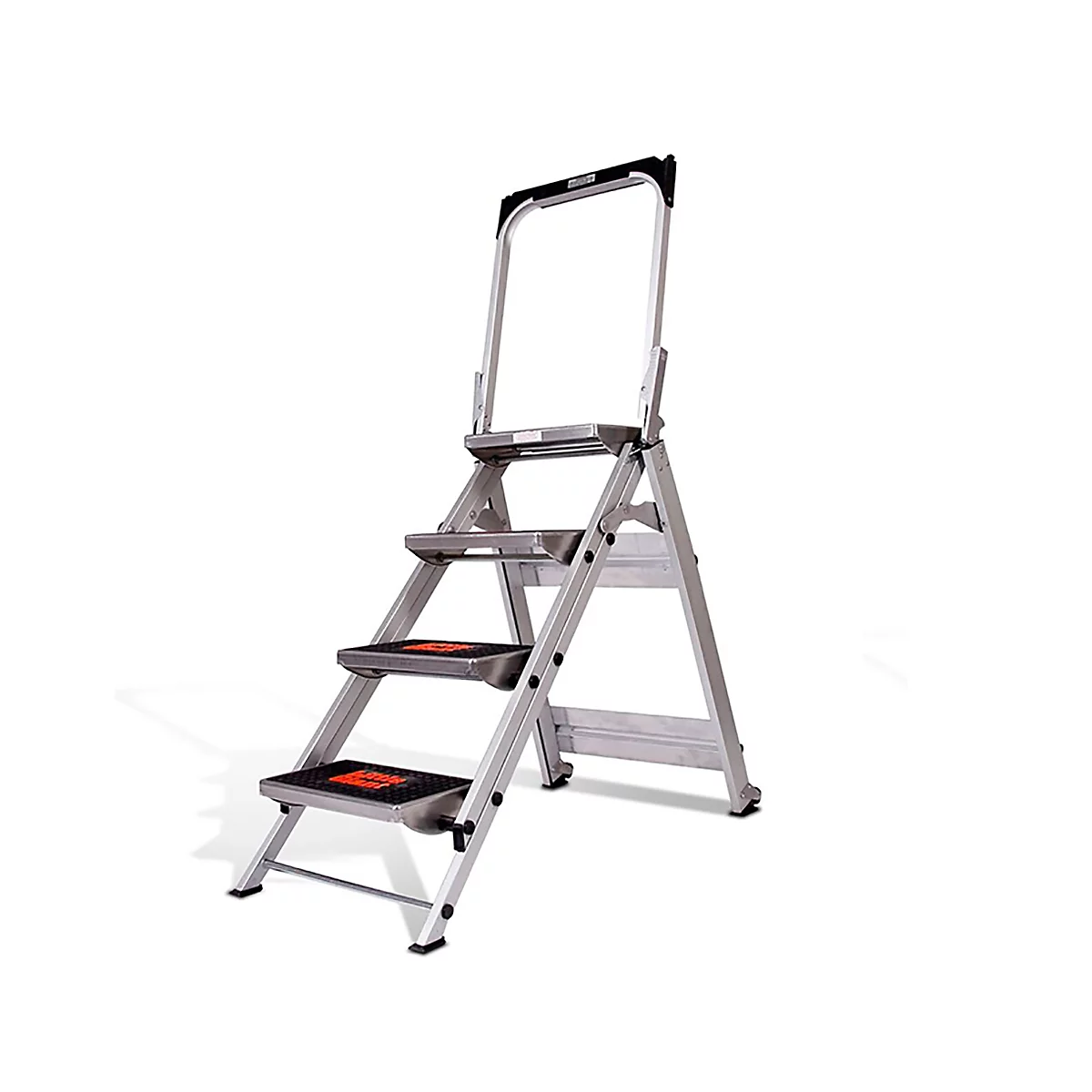 A silver step ladder with 4 steps, a handrail, and non-slip treads.