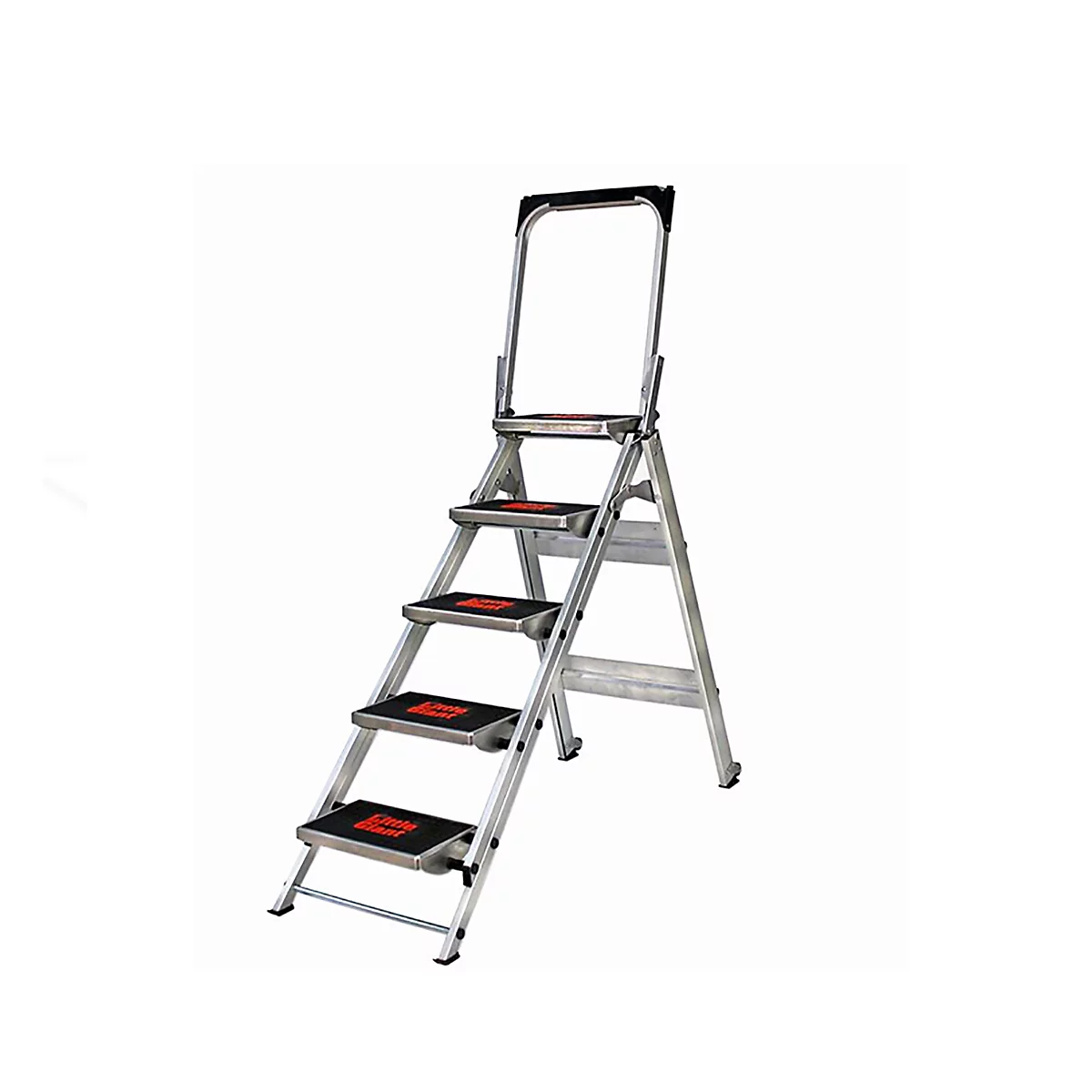 A silver step ladder with five steps stands against a white background. Black treads with red lettering.
