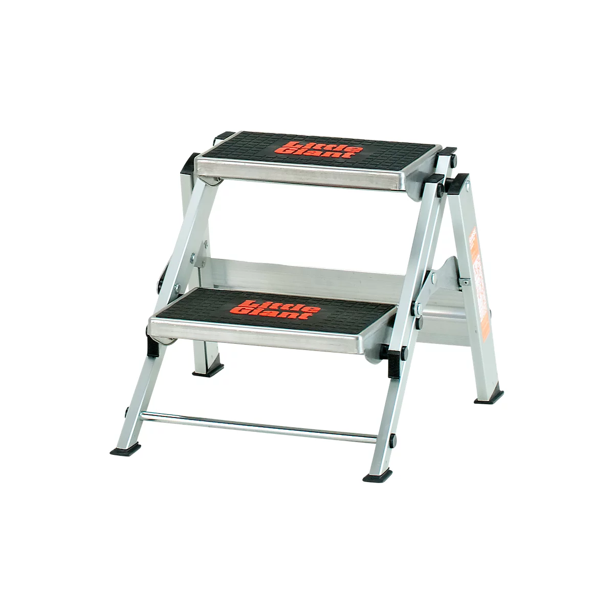 A silver step ladder with two steps. "Little Giant" is written in red on each step.