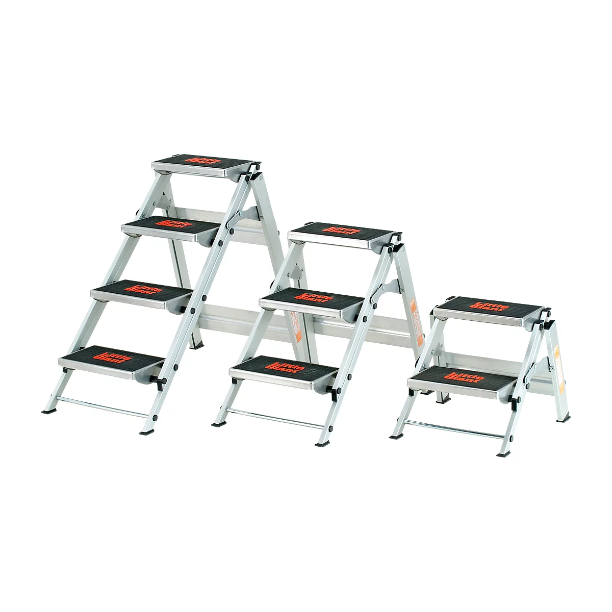 Various sizes of metal step ladders, with black treads and an orange logo.