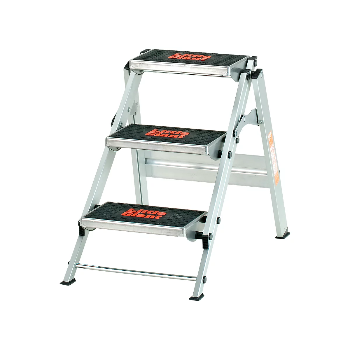 A three-step silver stepladder with black treads and the words "Little Giant" in orange on each step.