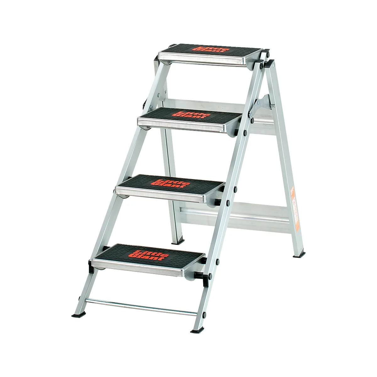 Foldable aluminum stepladder with four steps. Black treads with red "Little Giant" lettering. On a light background.