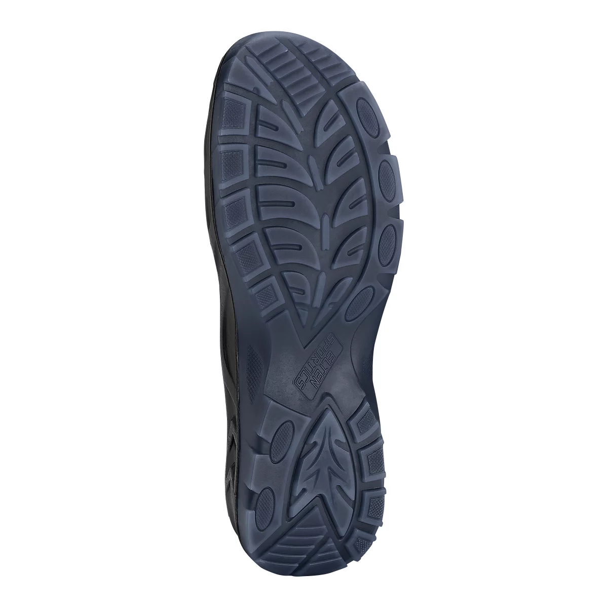 Close-up of a black shoe sole with deep tread designed for good grip on various surfaces.