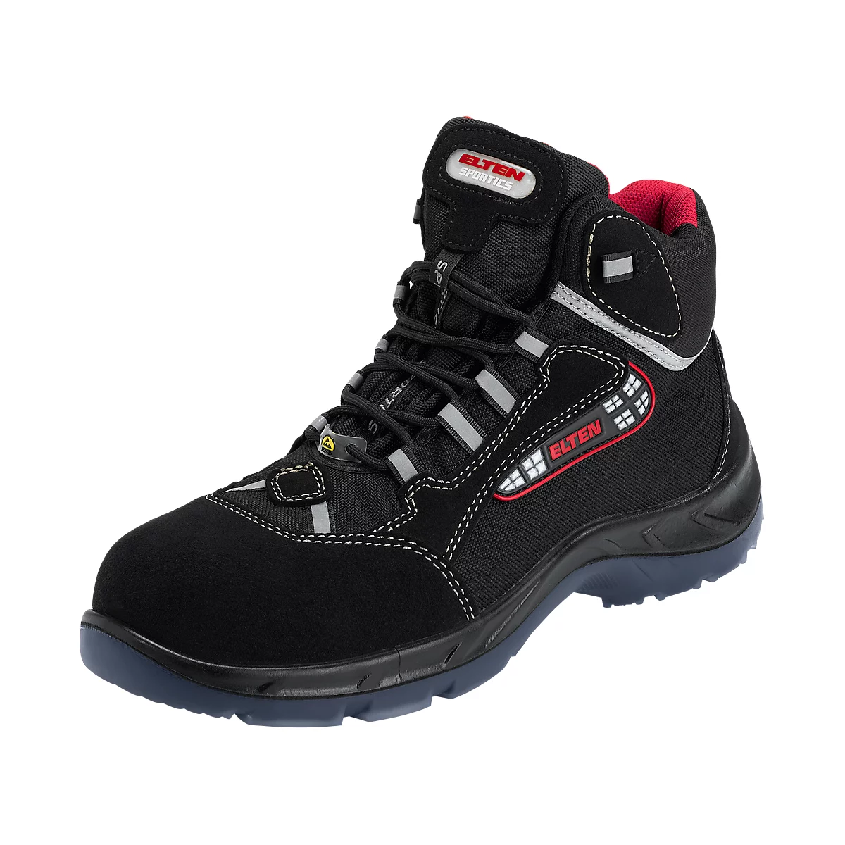 Black work boot from Elten. High shaft, lacing, red accents and reflective stripes.