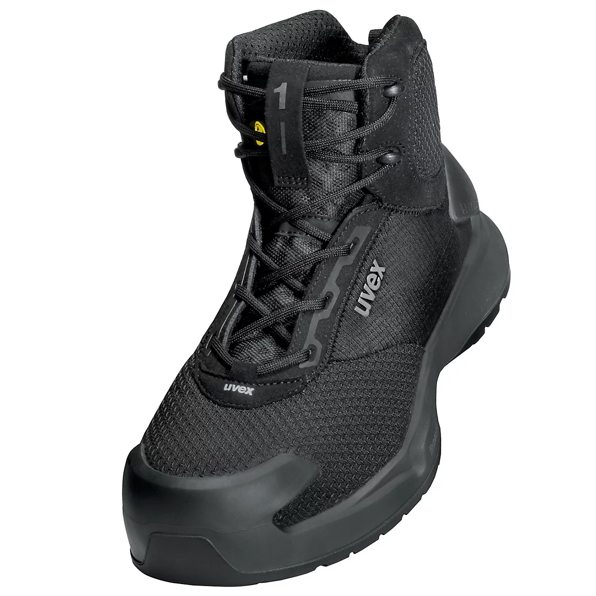 Black safety shoe by Uvex, with laces, high shaft and reinforced toe cap.