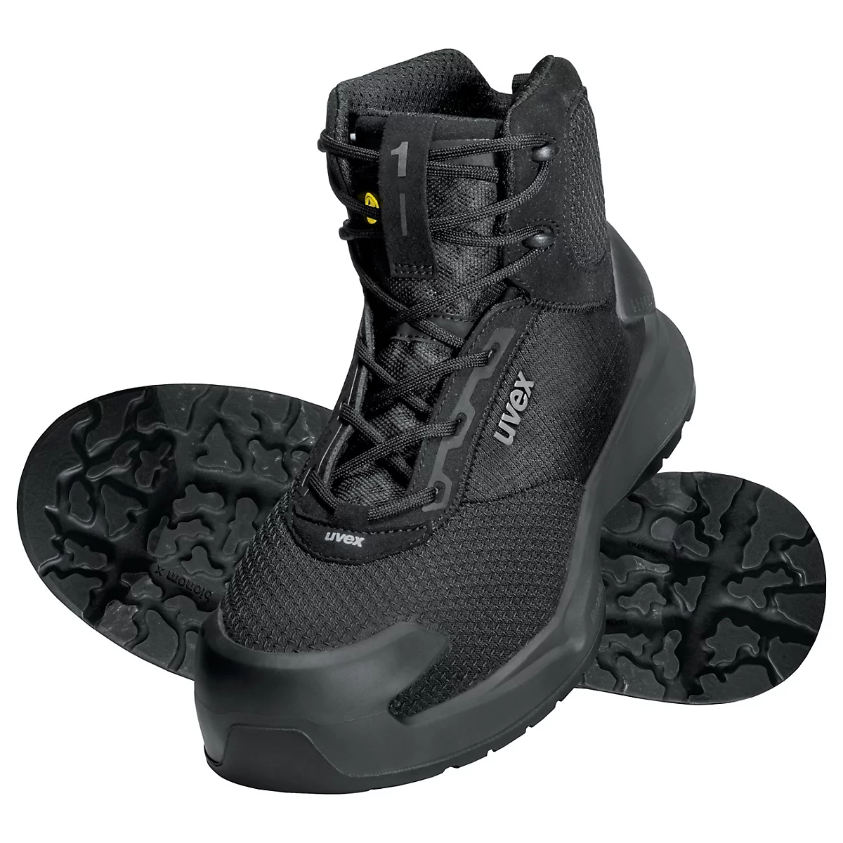 Black safety shoe with laces and Uvex logo.