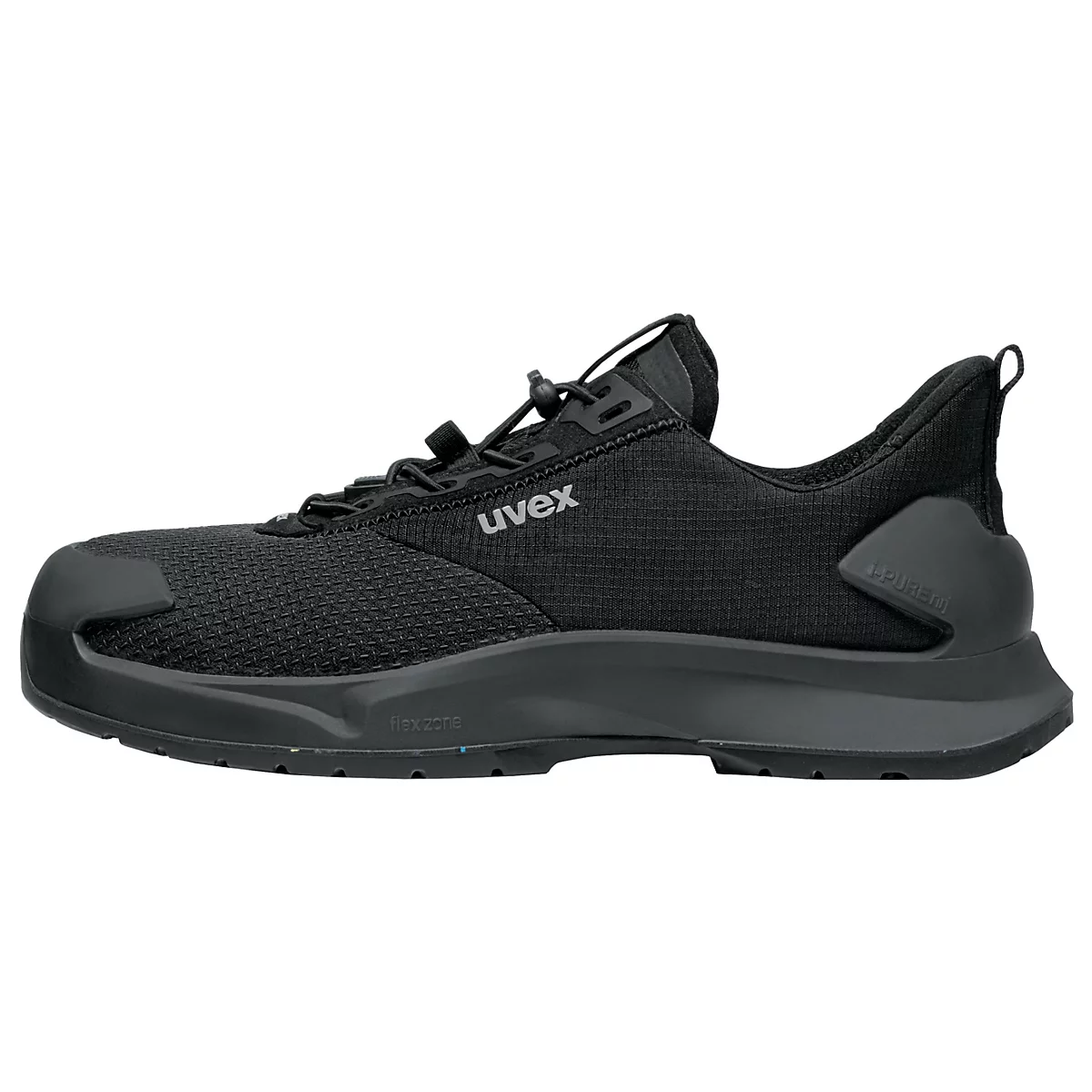 Black Uvex safety shoe, side view. Laces, toe protection and sole stand out.