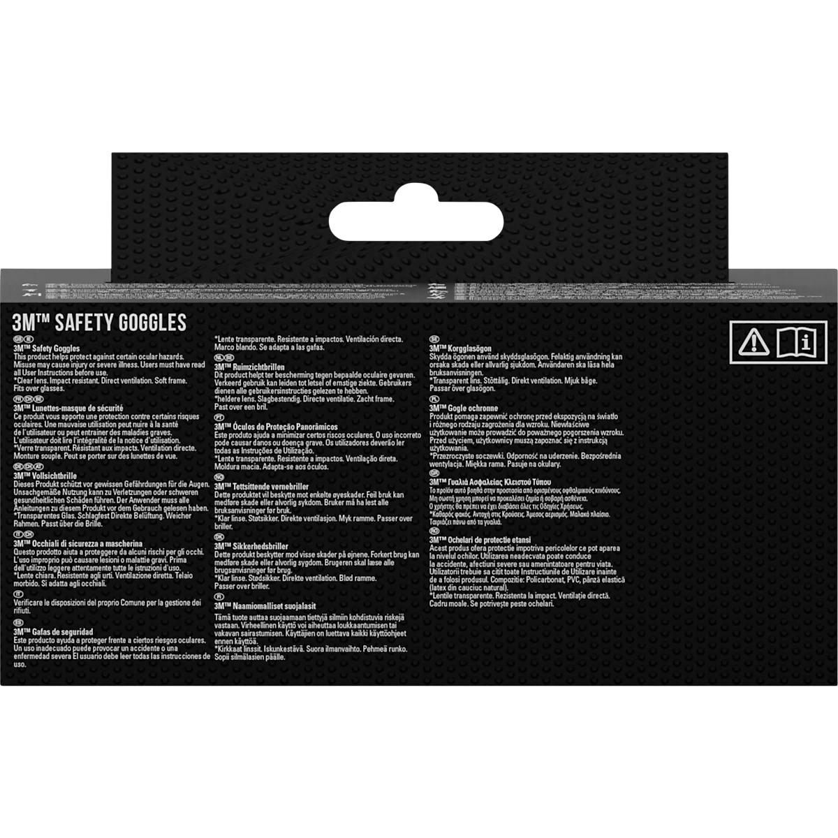 Back of a black package with text and logo for safety goggles.