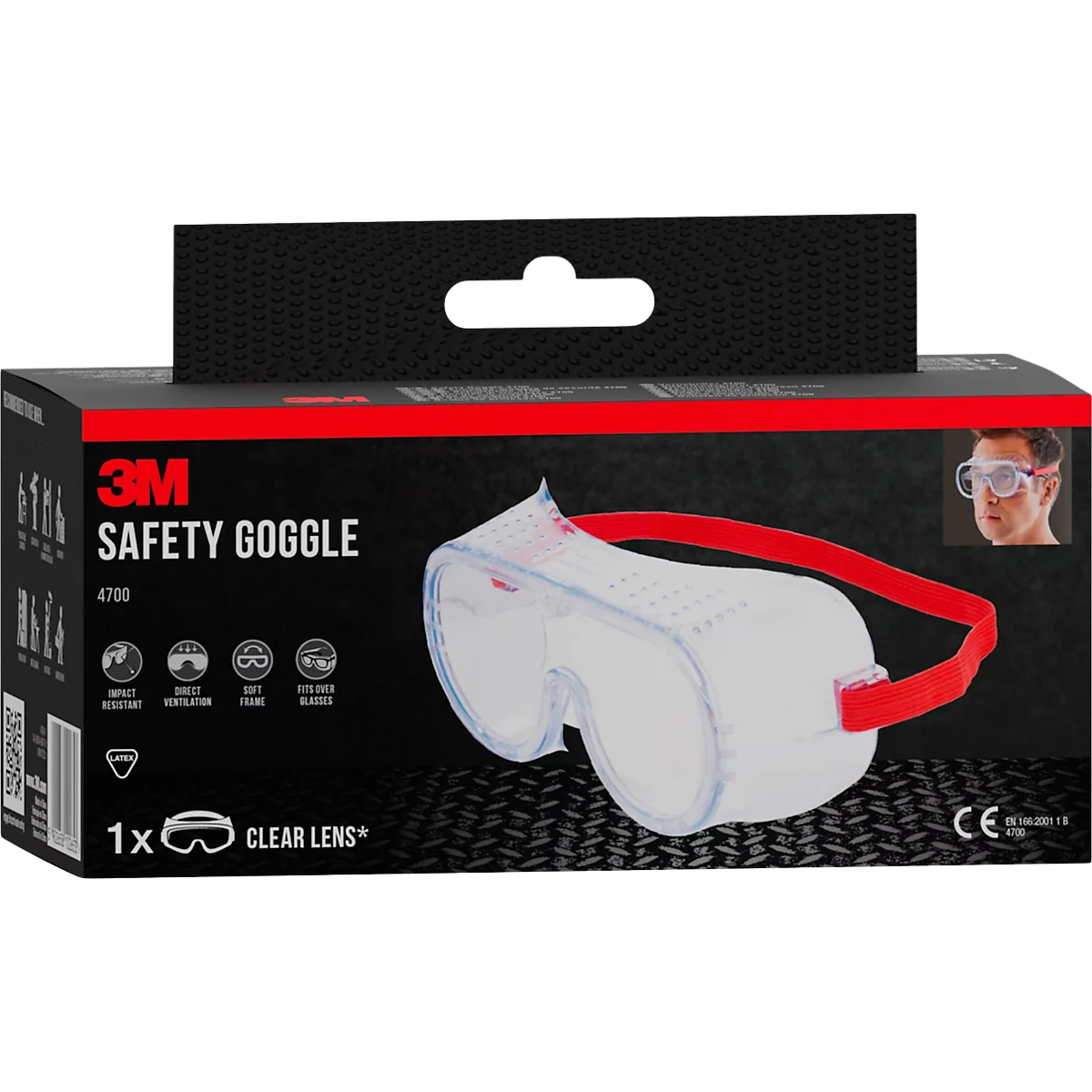 3M safety goggles in packaging. The goggles with red band and clear lens are shown.