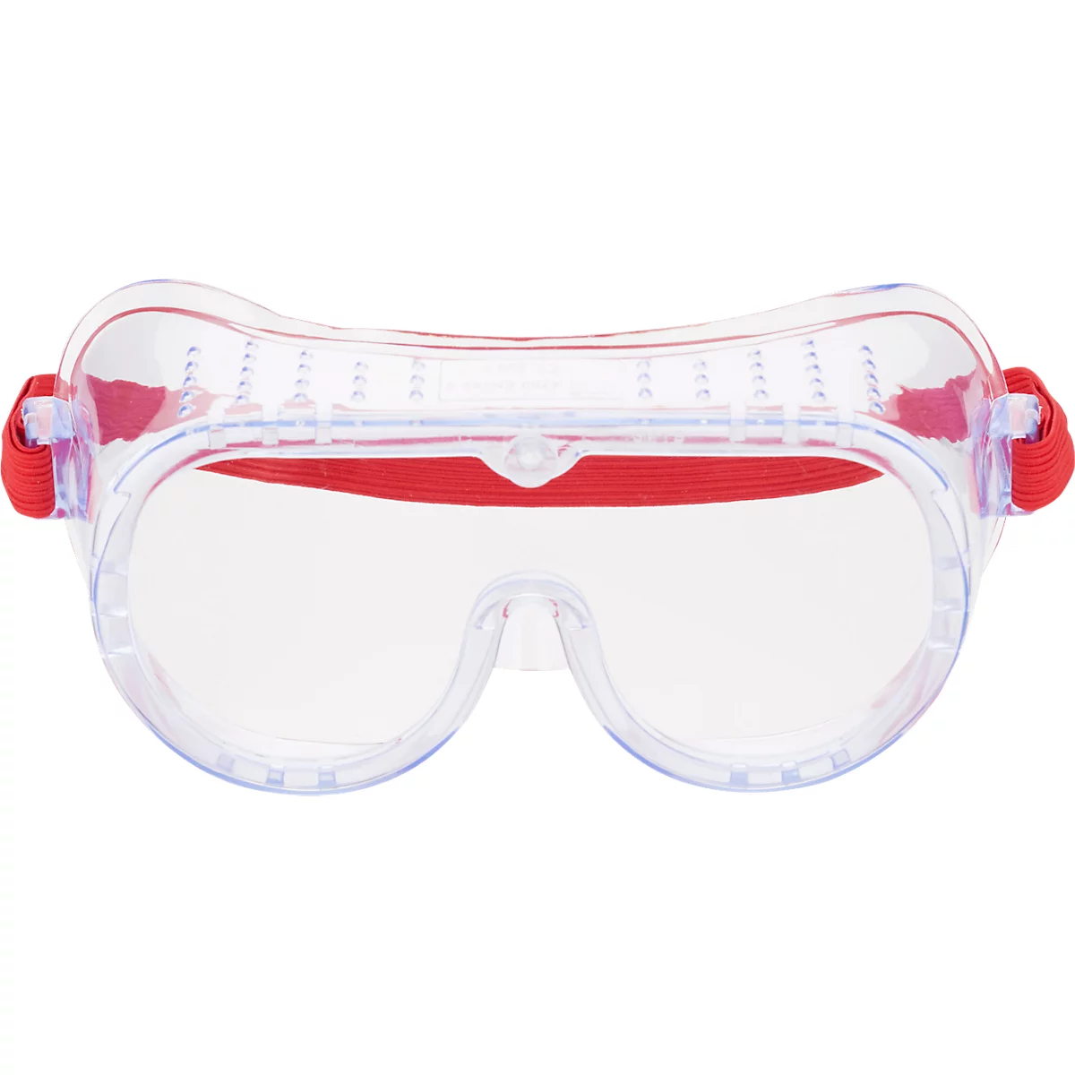 Transparent safety glasses with a red band. Glasses have two round lenses, above the lenses is a red band and a red elastic band.