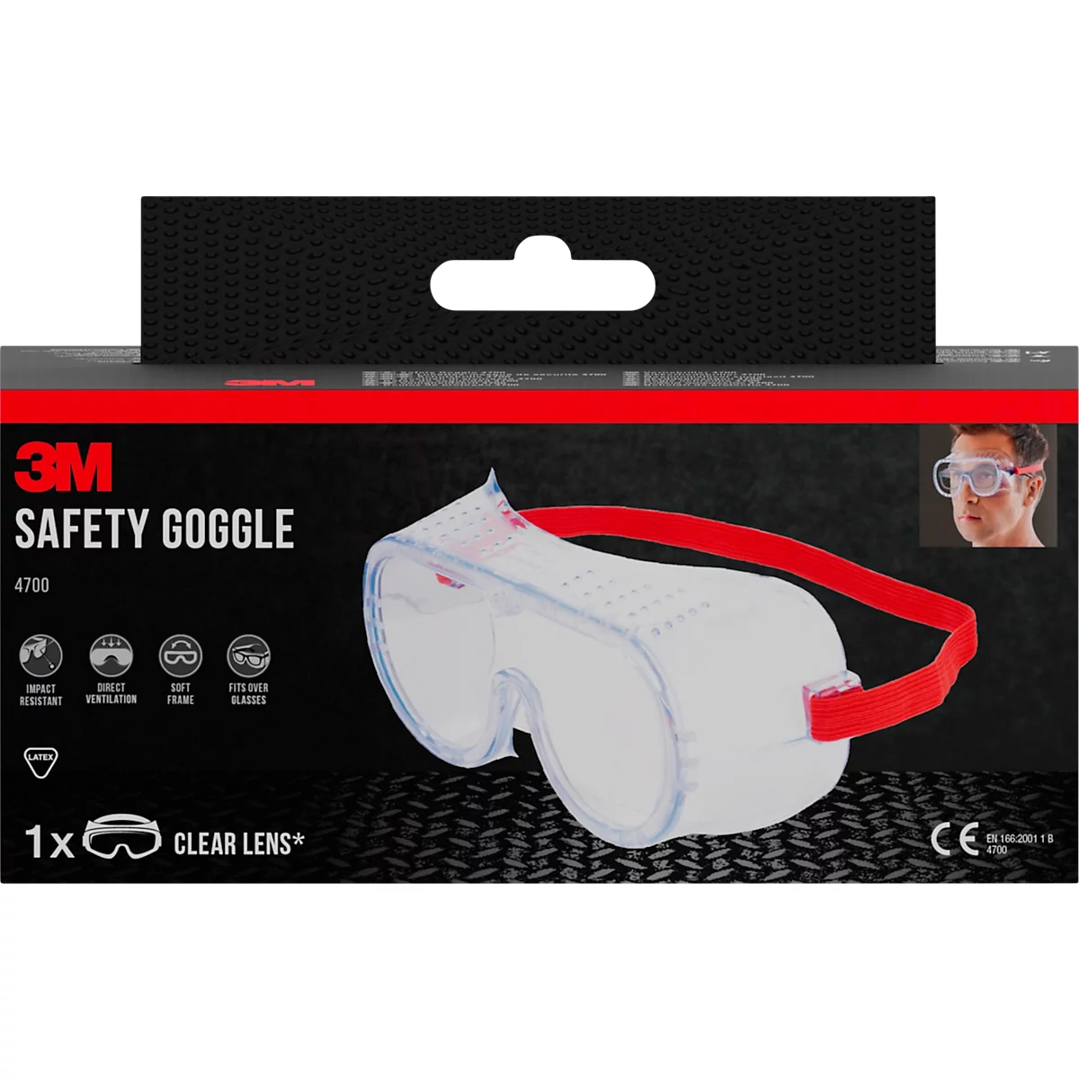 3M safety goggles in packaging, featuring a red strap.