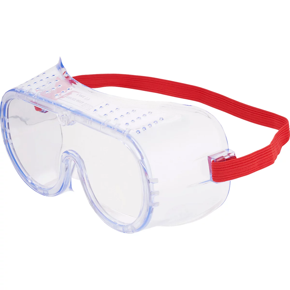 Protective goggles, transparent, with red elastic band.