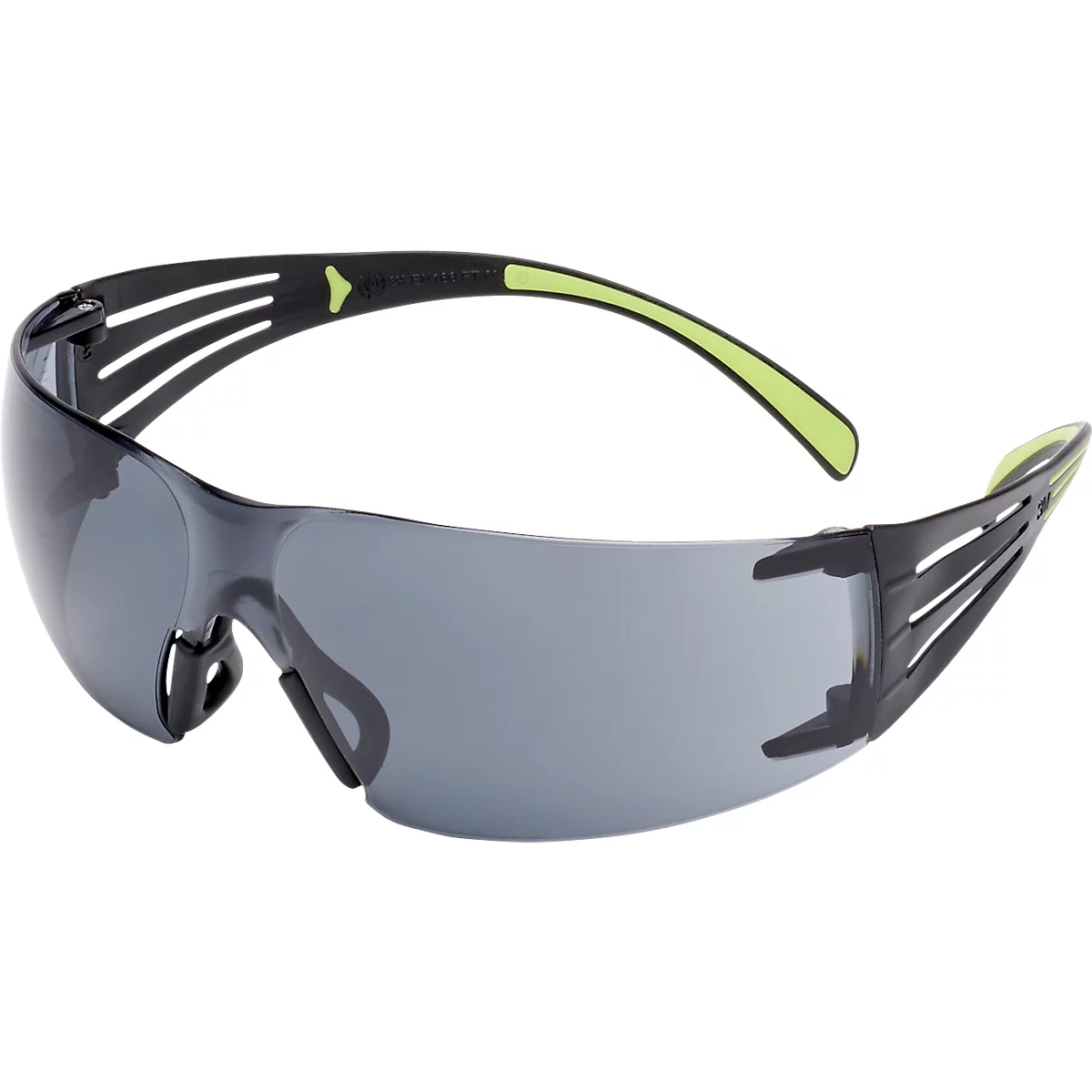 Protective glasses with gray lenses, black frame and greenish temple ends.