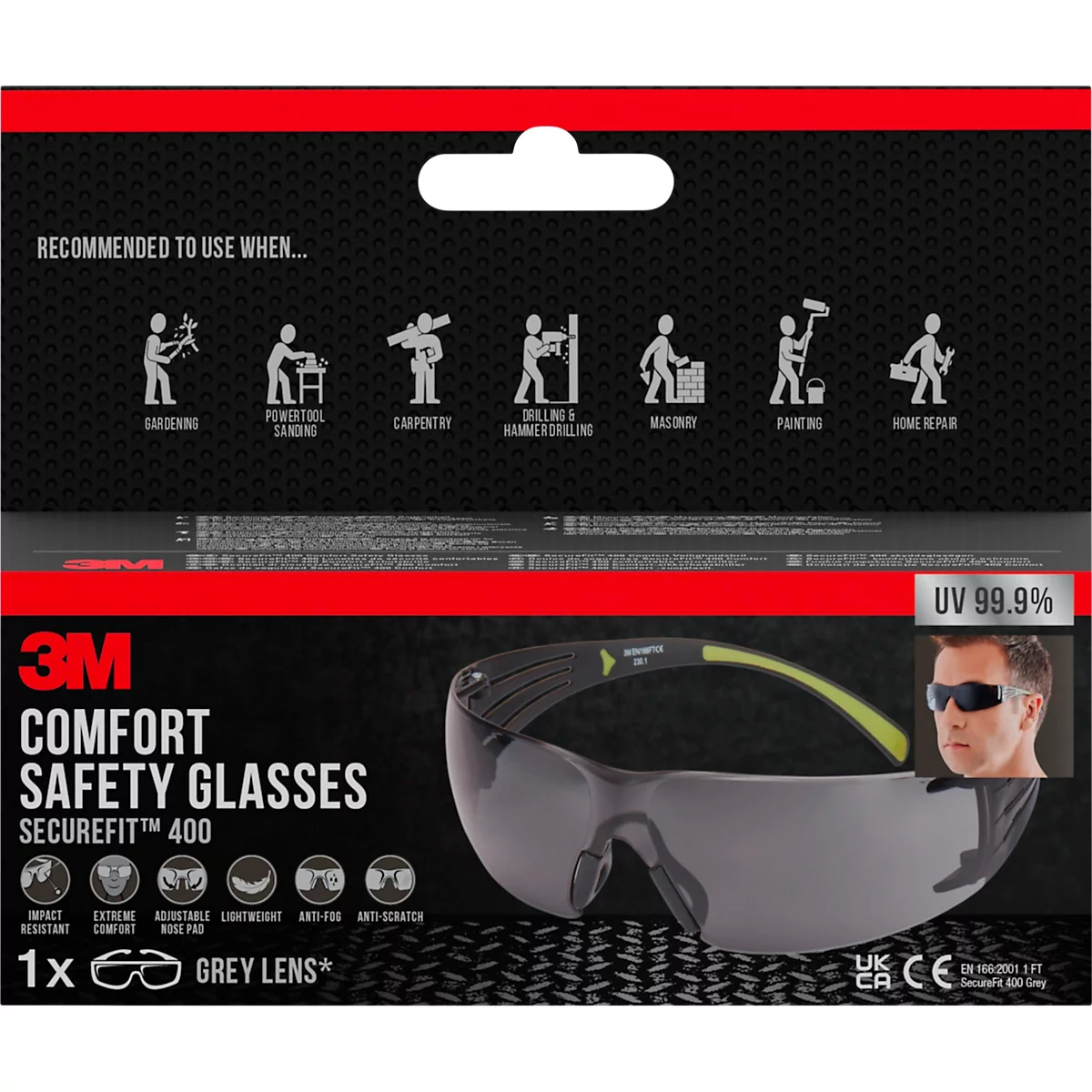 3M safety glasses. The package features symbols for various applications, along with a sample image of the product.