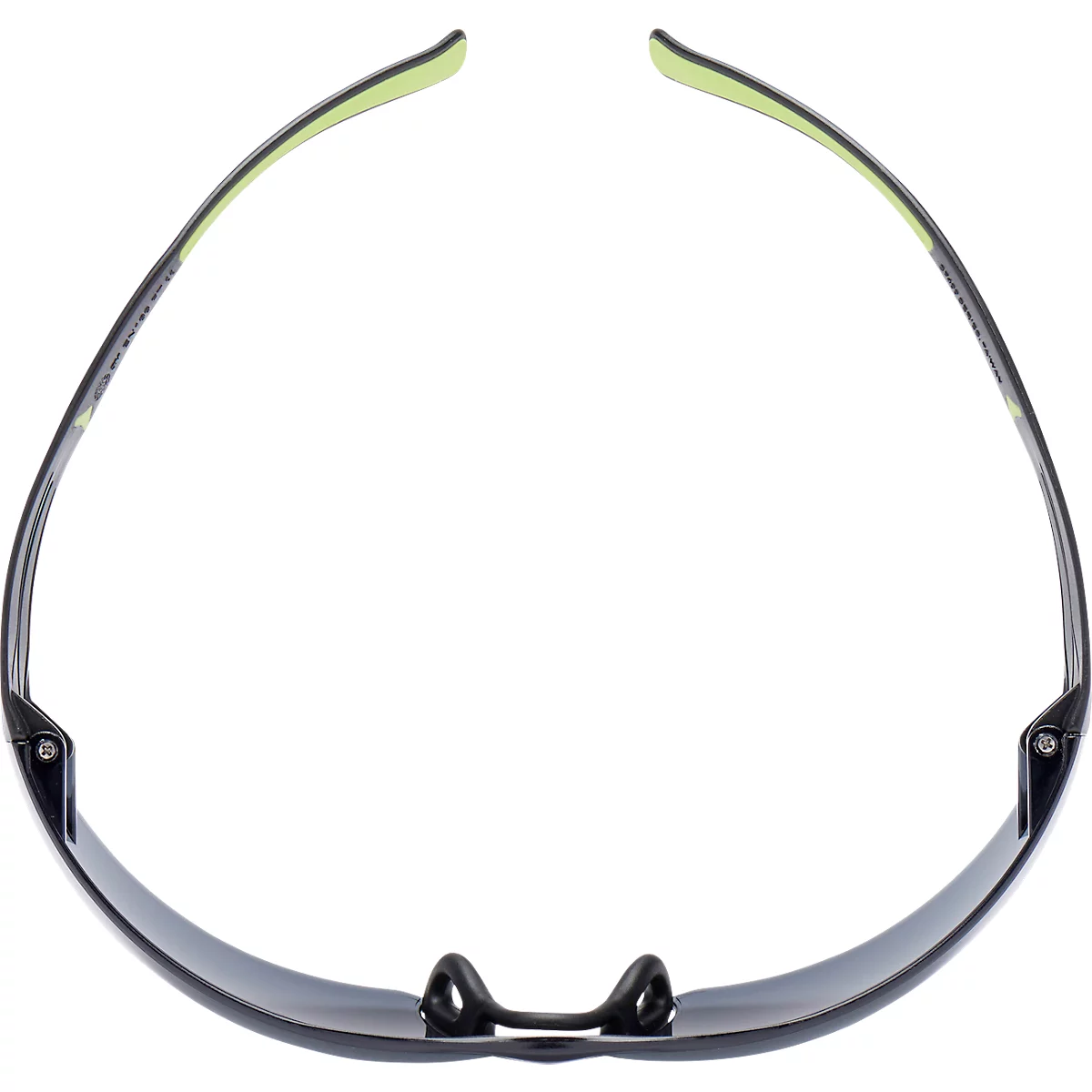 Top view of black sports sunglasses with green temple tips.
