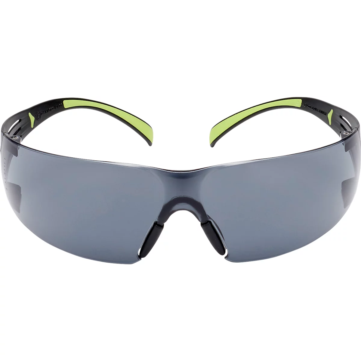 Safety glasses with gray lenses, black frame, and neon green temples.