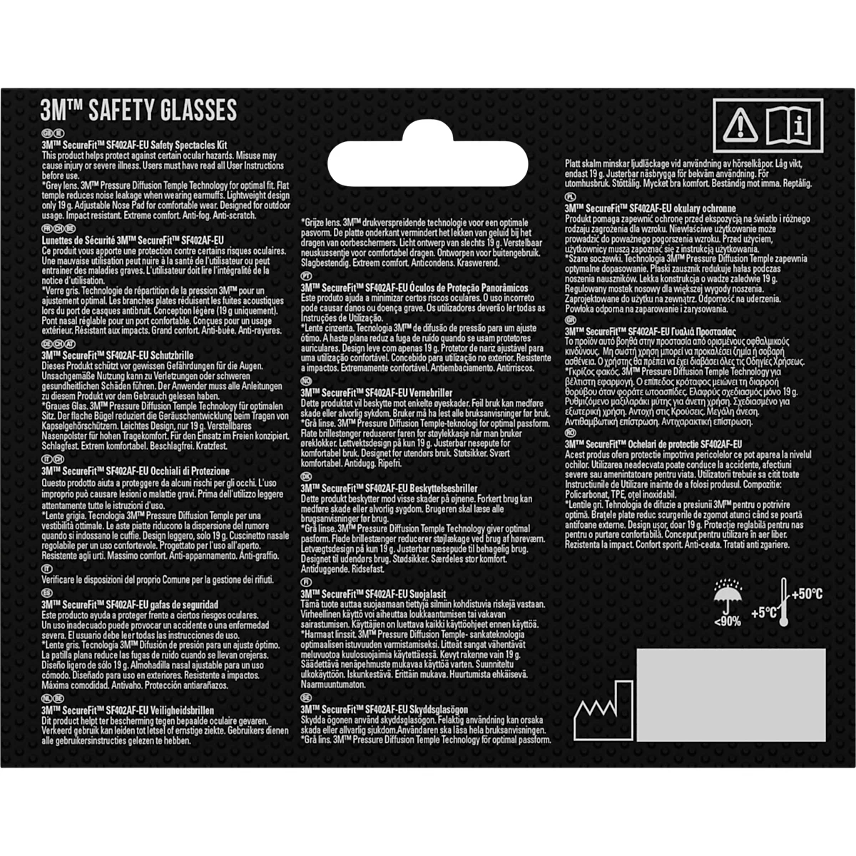 Back of 3M safety glasses packaging, black with text in multiple languages.