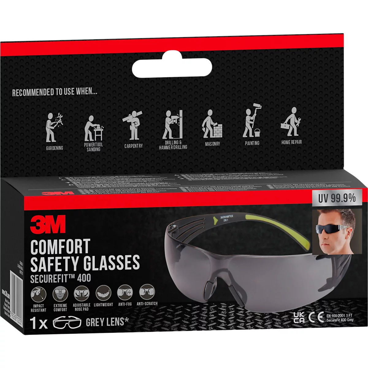 Safety glasses in packaging. Gray lenses, black frame, yellow temples. Printed icons show fields of application.