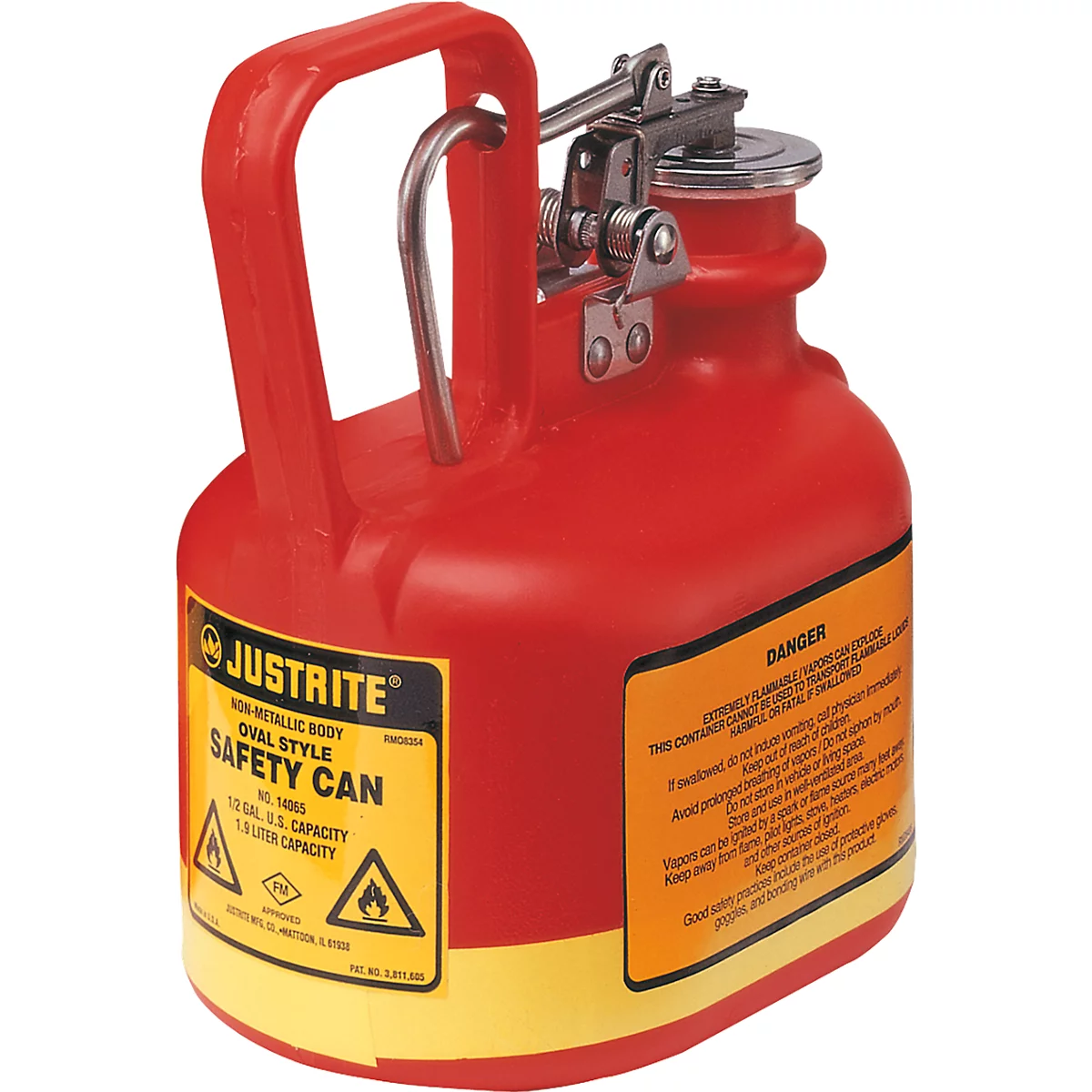 Red safety can with handle and silver closure. Yellow labels with warnings and product information.