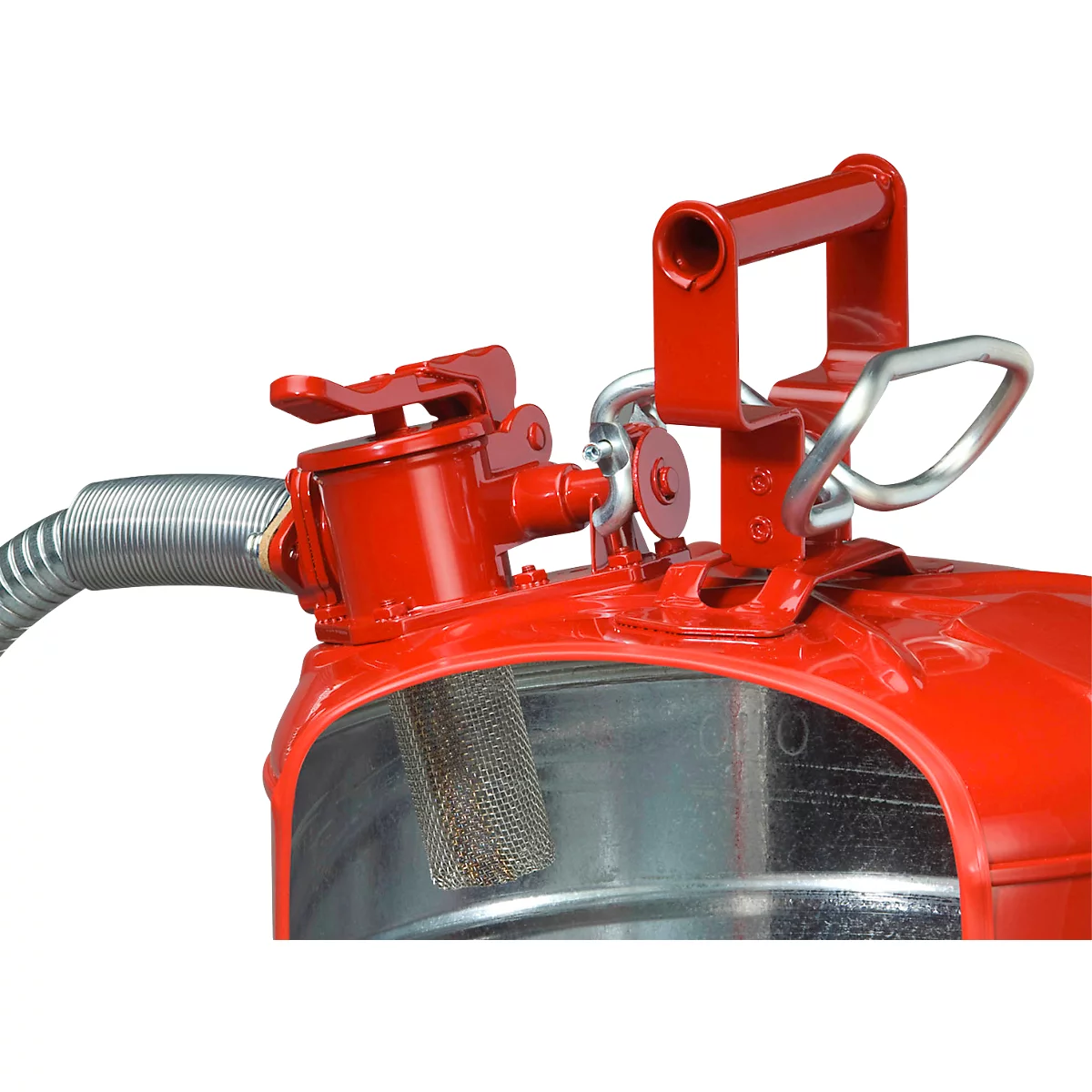 Close-up of a red canister with a handle and hose connection.