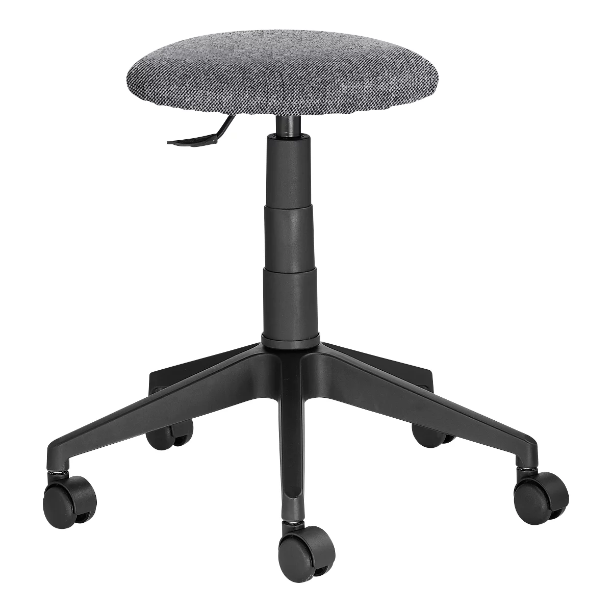 Office stool, gray fabric cover, black frame, castors.