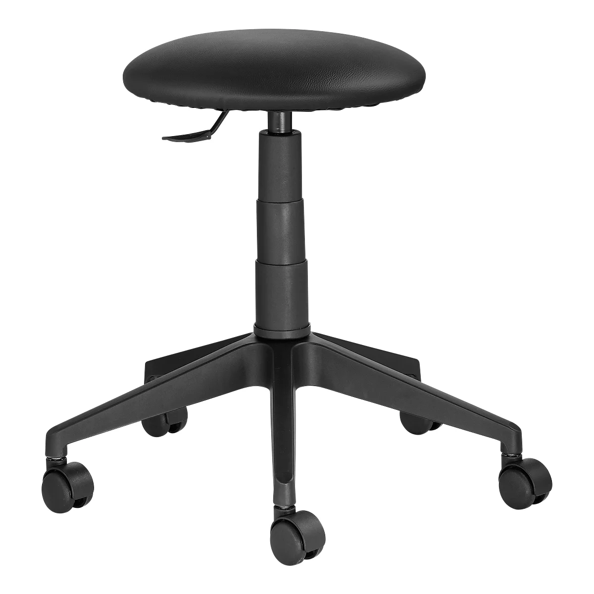 Black, height-adjustable stool with casters. Round seat cushion, gas spring, and a five-legged base.