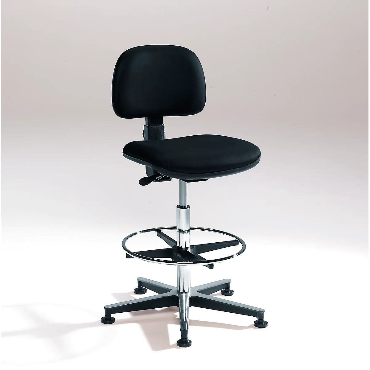 Black office chair, height adjustable, with footrest. On a light background.