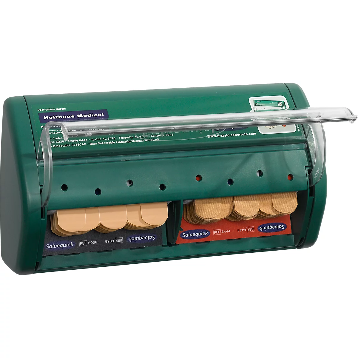 Salvequick® pleisterdispenser, navulbaar, incl. 45 waterafstotende &amp; 40 elastische pleisterstrips, B 230 x D 55 x H 120 mm, kunststof, groen