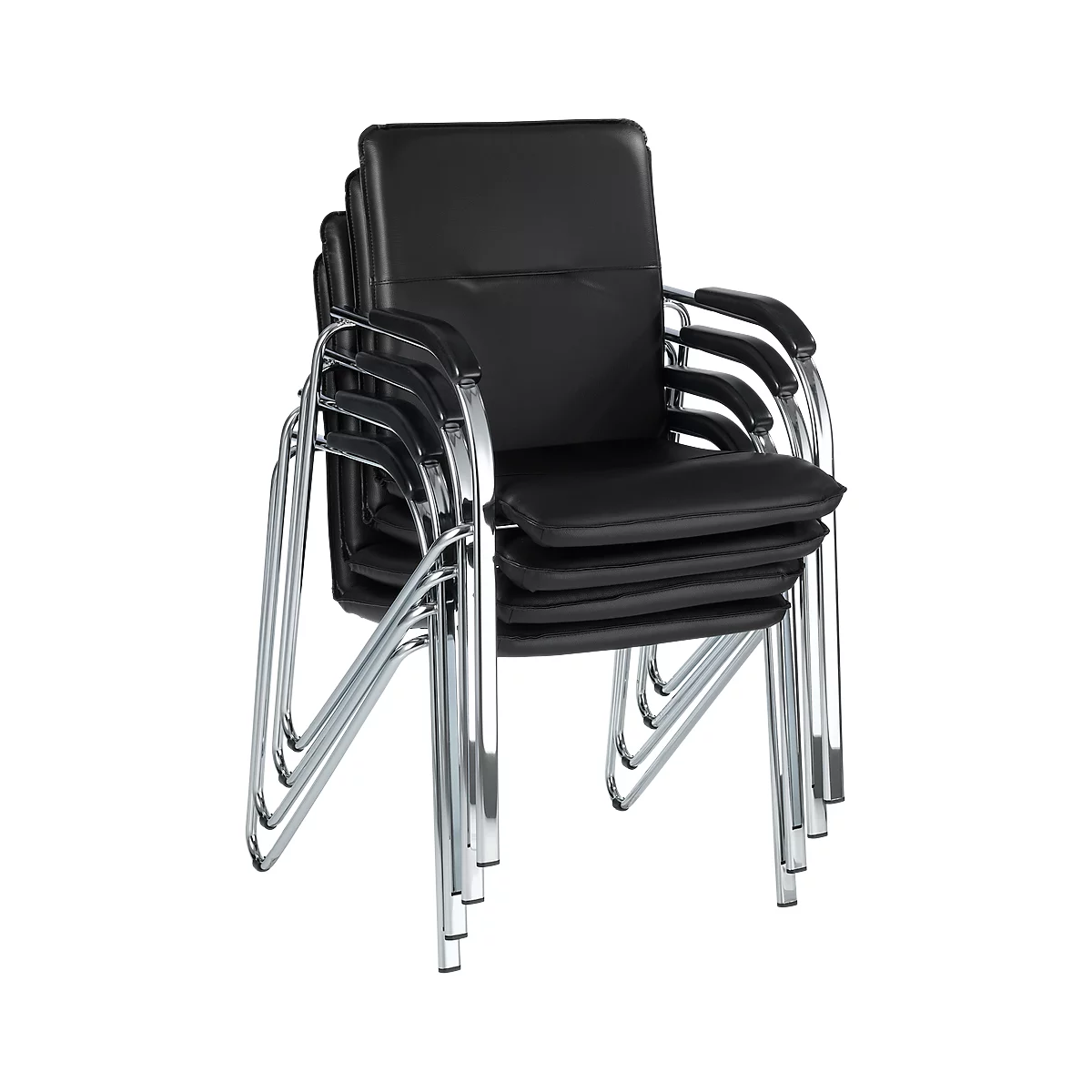 Stack of black office chairs with chrome frame.