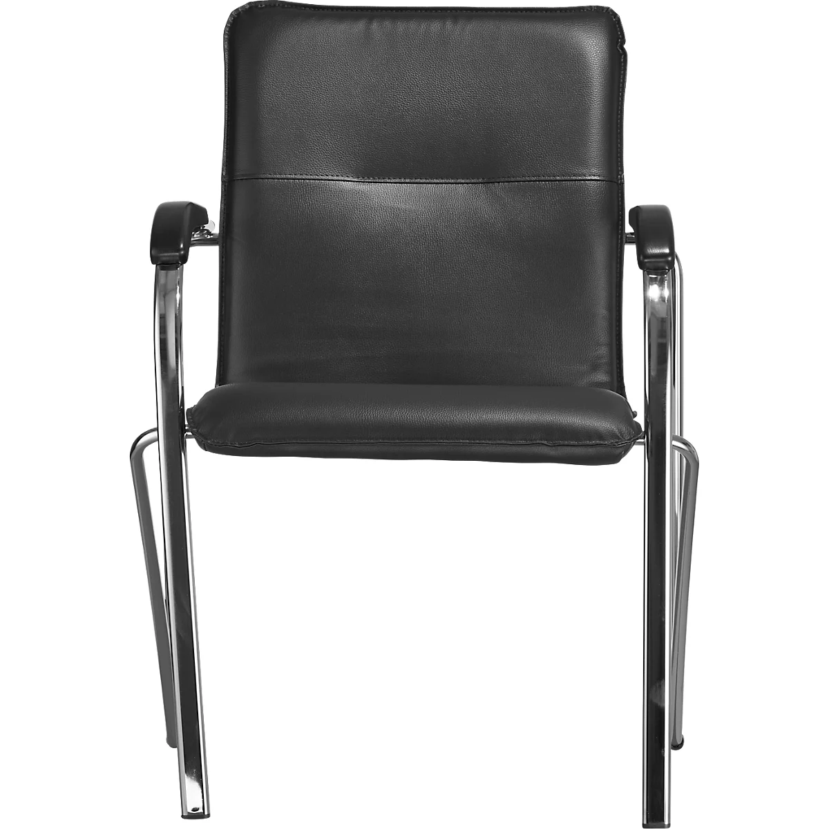 Black office chair, leather look, chromed metal frame, armrests.